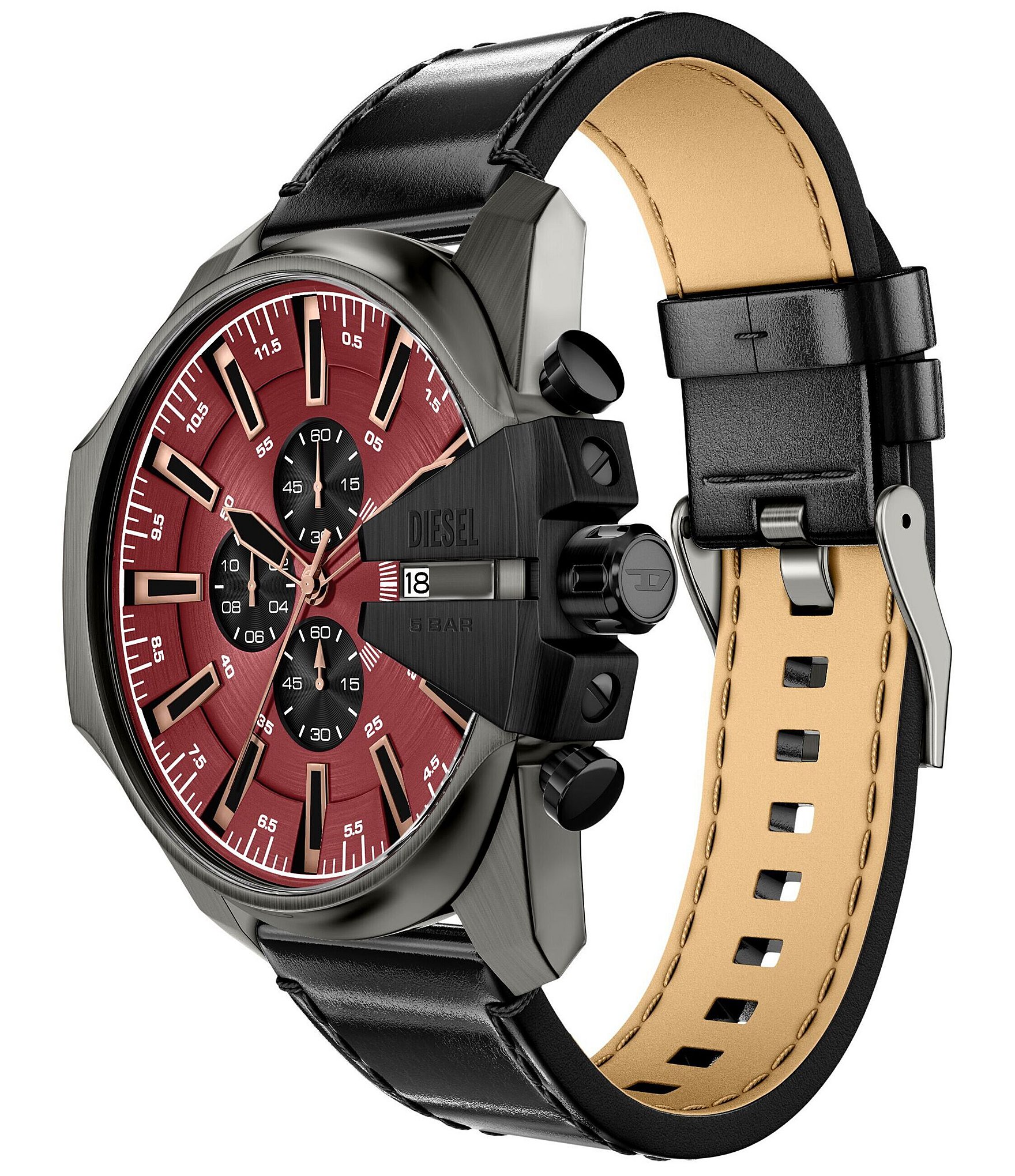 Diesel Men's Mega Chief Slim Chronograph Black Leather Strap Watch
