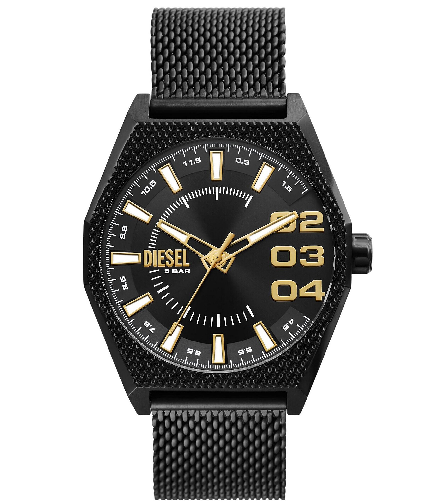 Diesel Men's Scraper Three-Hand Black Stainless Steel Mesh Bracelet Watch