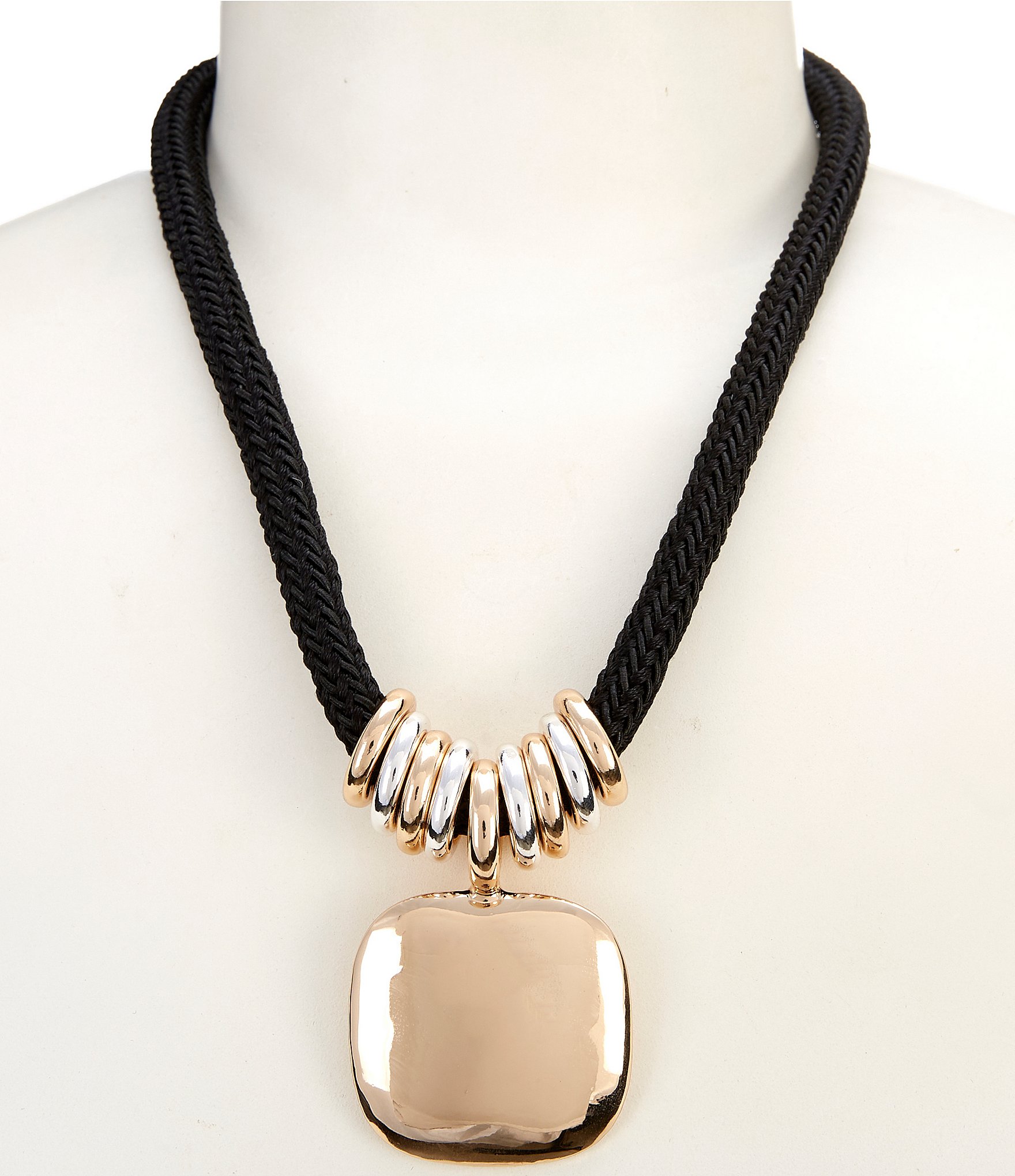 Dillard's Braided Jet Cord Polished Metal Square Short Pendant Necklace