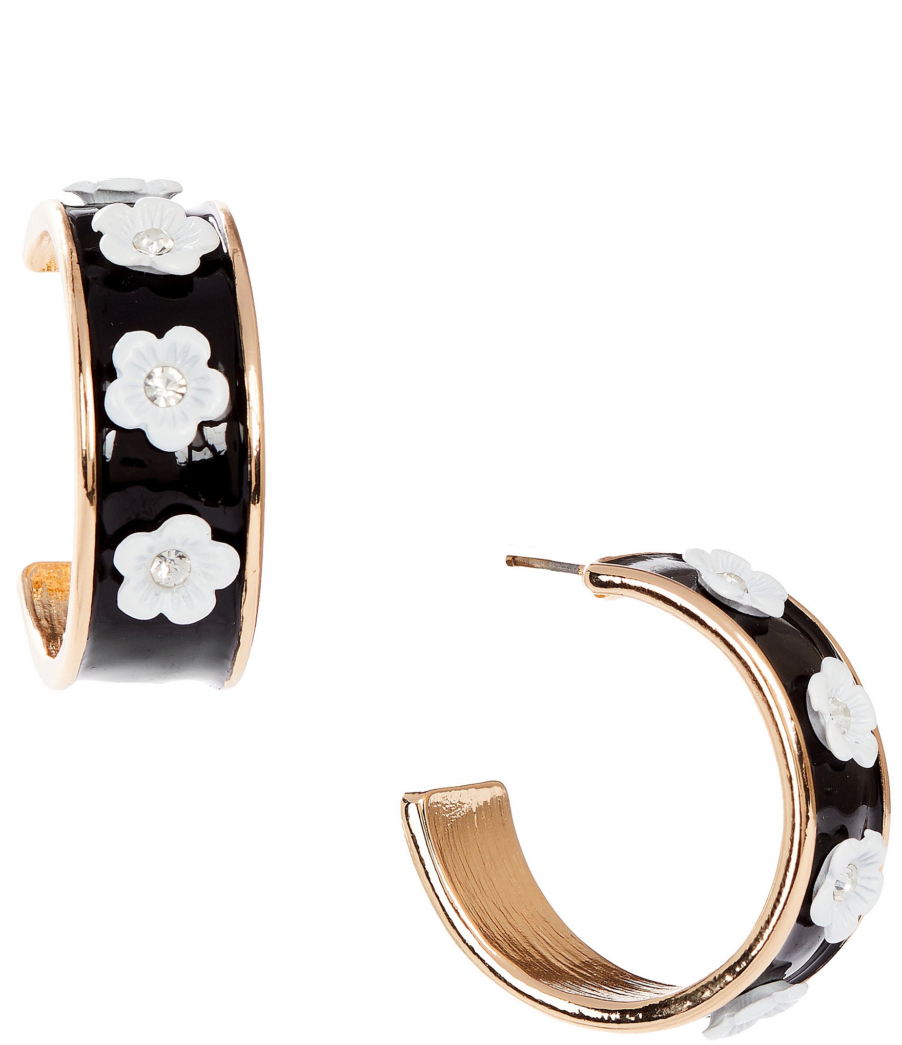 Dillard's Crystal Stone White Flower Enamel Hoop Earrings