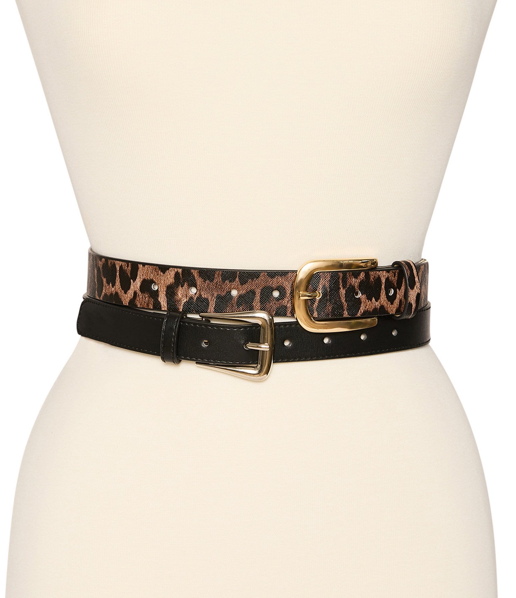 Dillard's Leopard Elongated Buckle & Saffiano Buckle 2 For 1 Belt Set