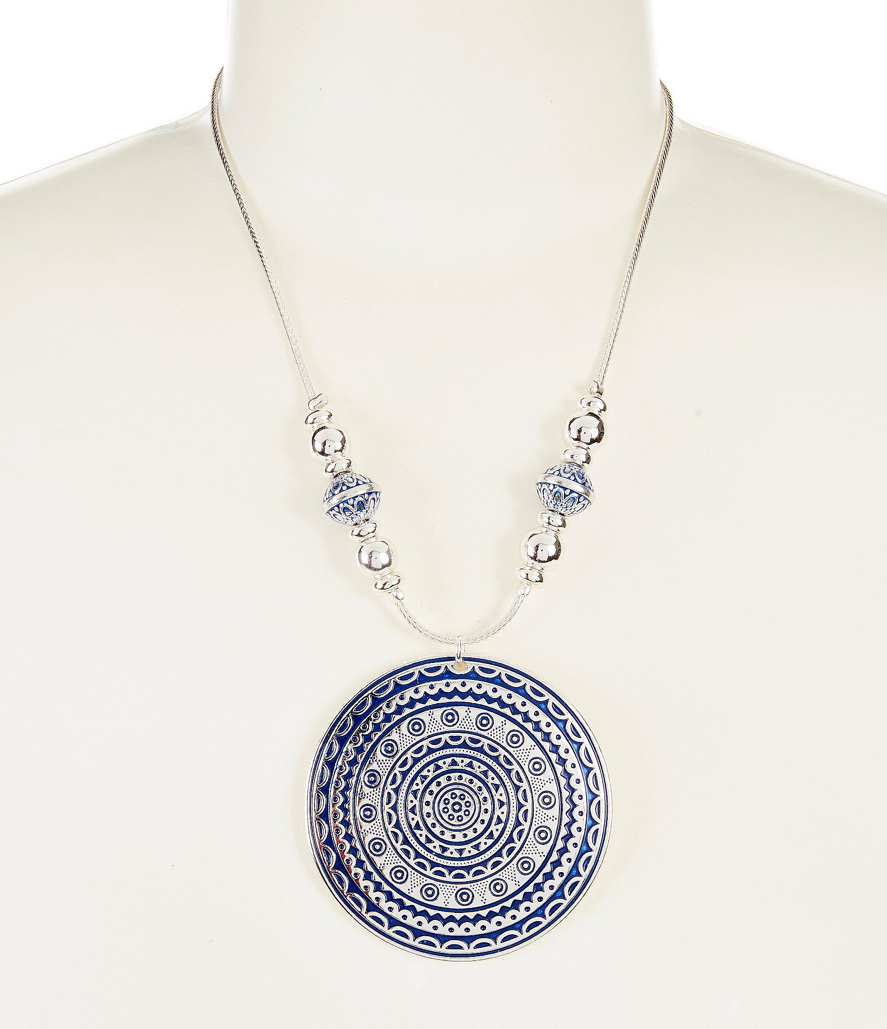 Dillard's Navy Wash Multi Textured Round Short Pendant Necklace