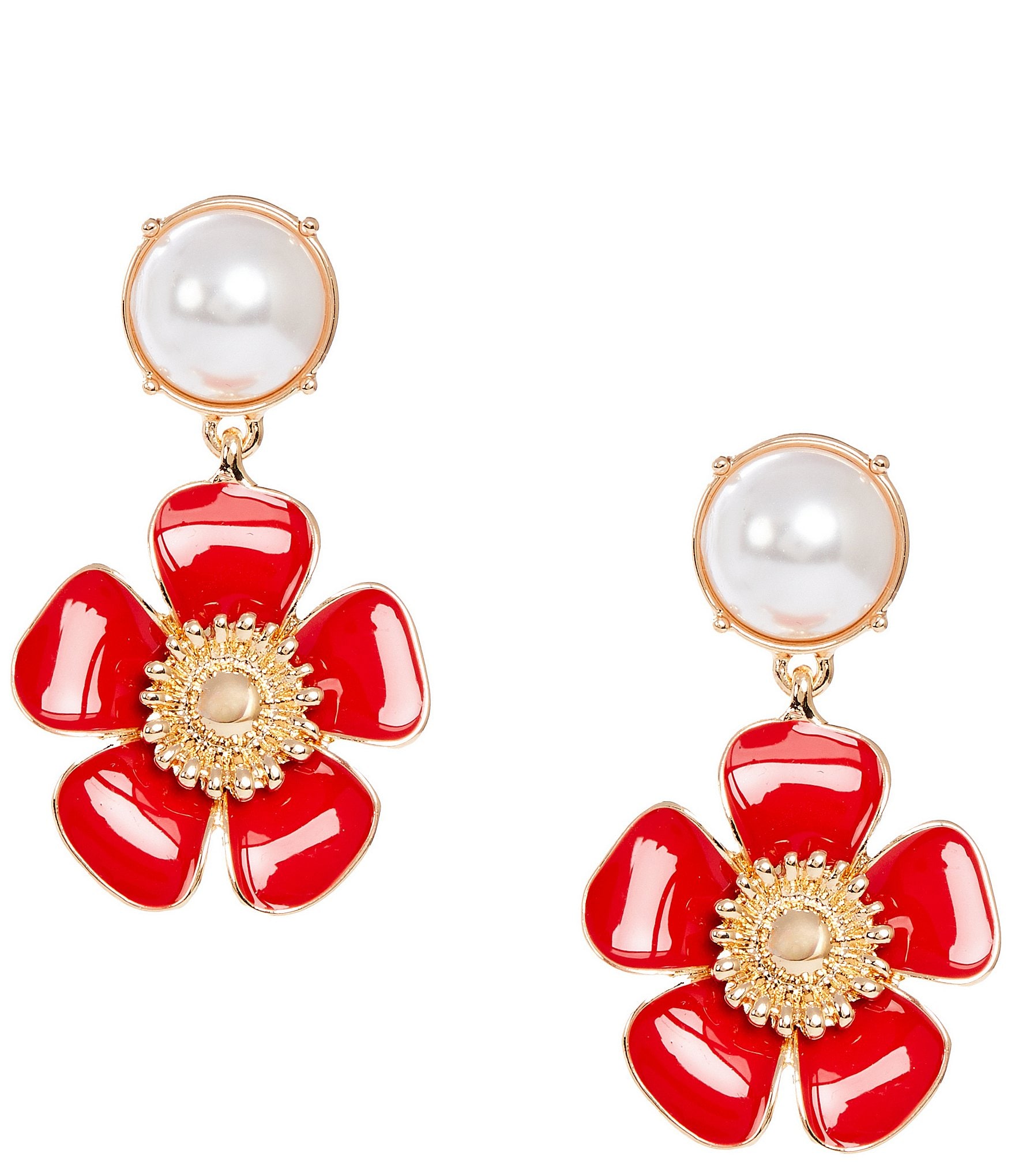 Dillard's Pearl Cab Stud Red Enamel Flower Drop Earrings