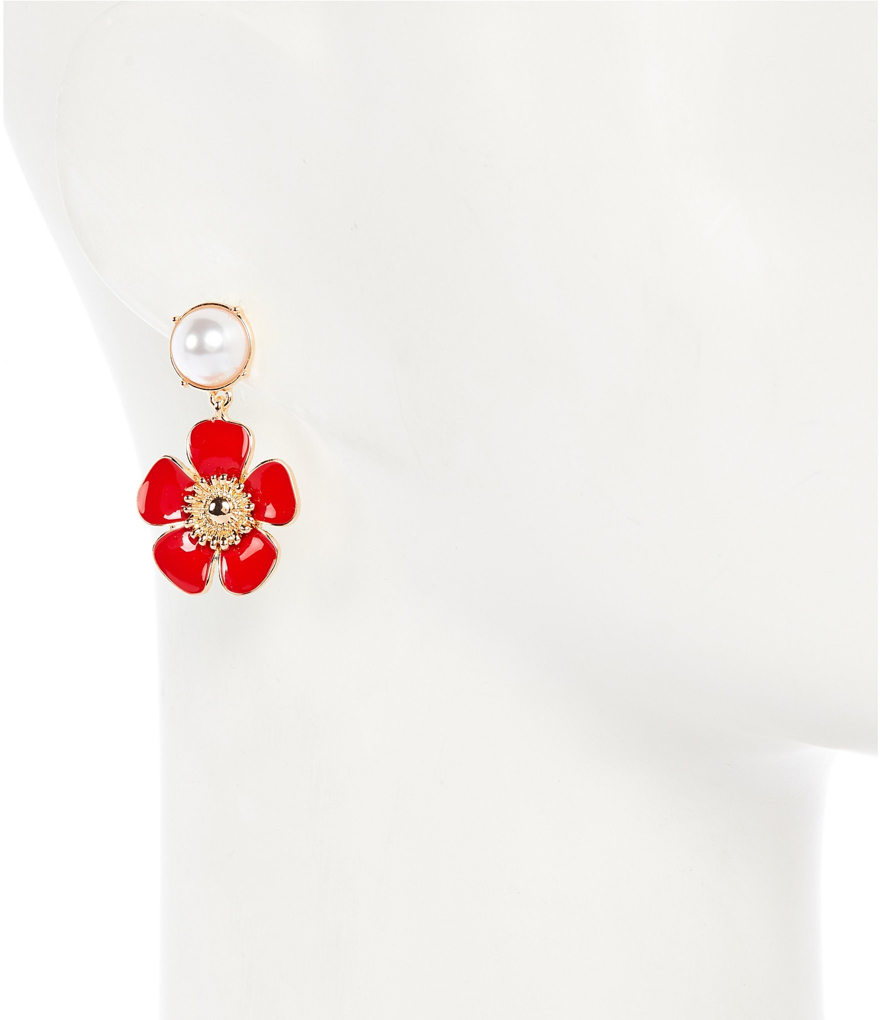 Dillard's Pearl Cab Stud Red Enamel Flower Drop Earrings