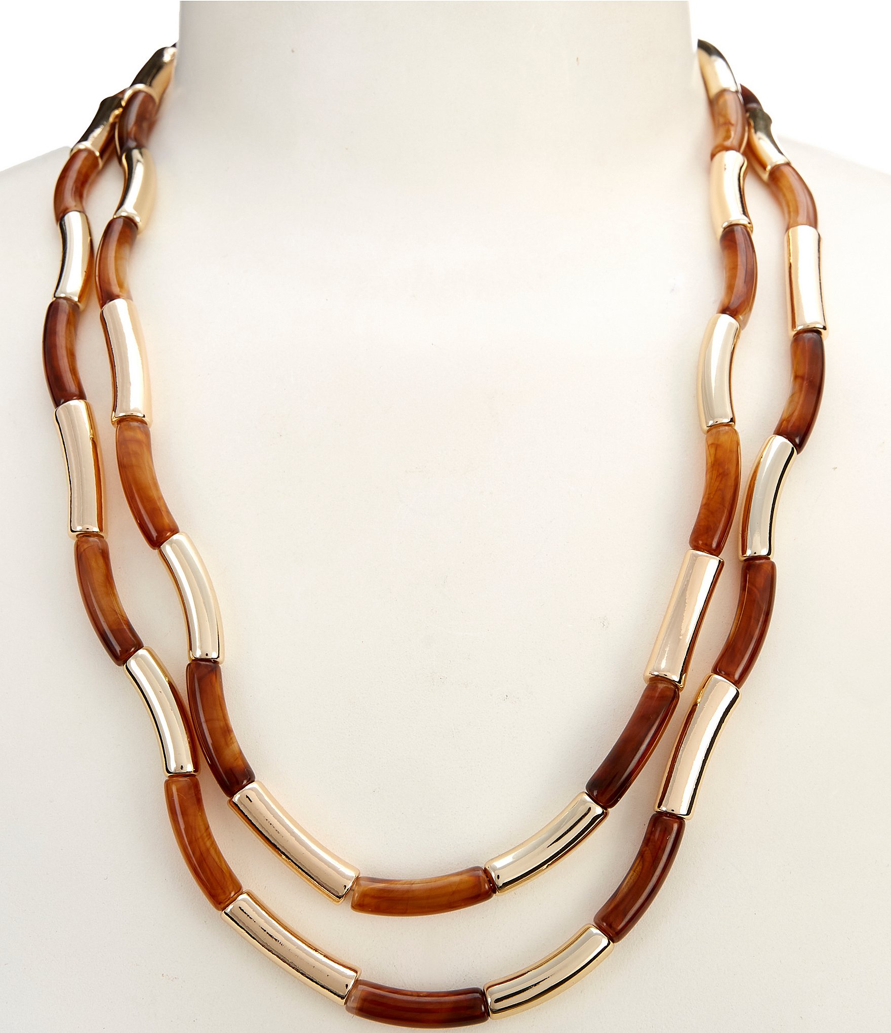 Dillard's Tortoise Tube Bead & Polished Metal Short Multi Strand Necklace