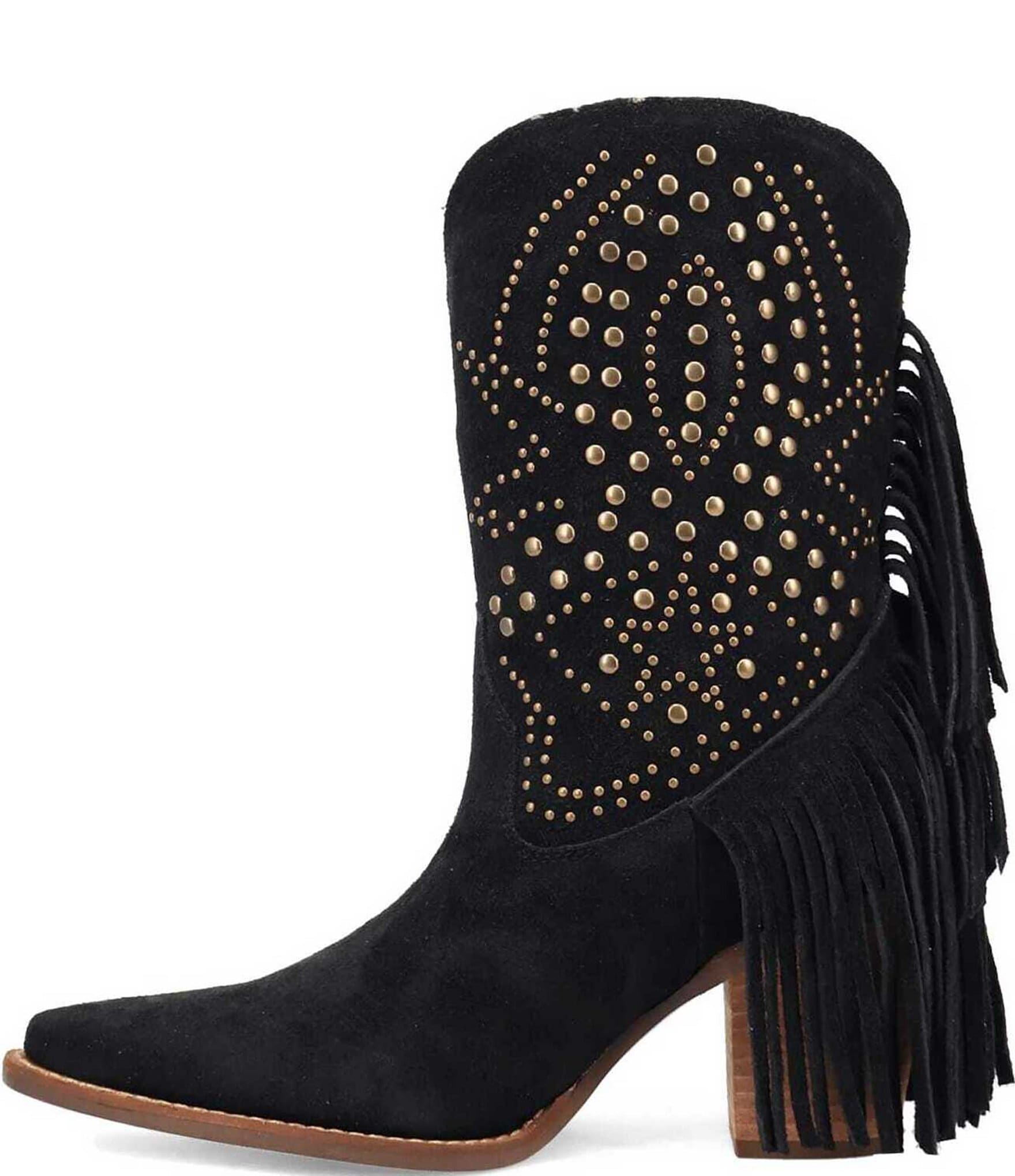 Dingo Star Power Studded Suede Fringe Mid Calf Western Boots