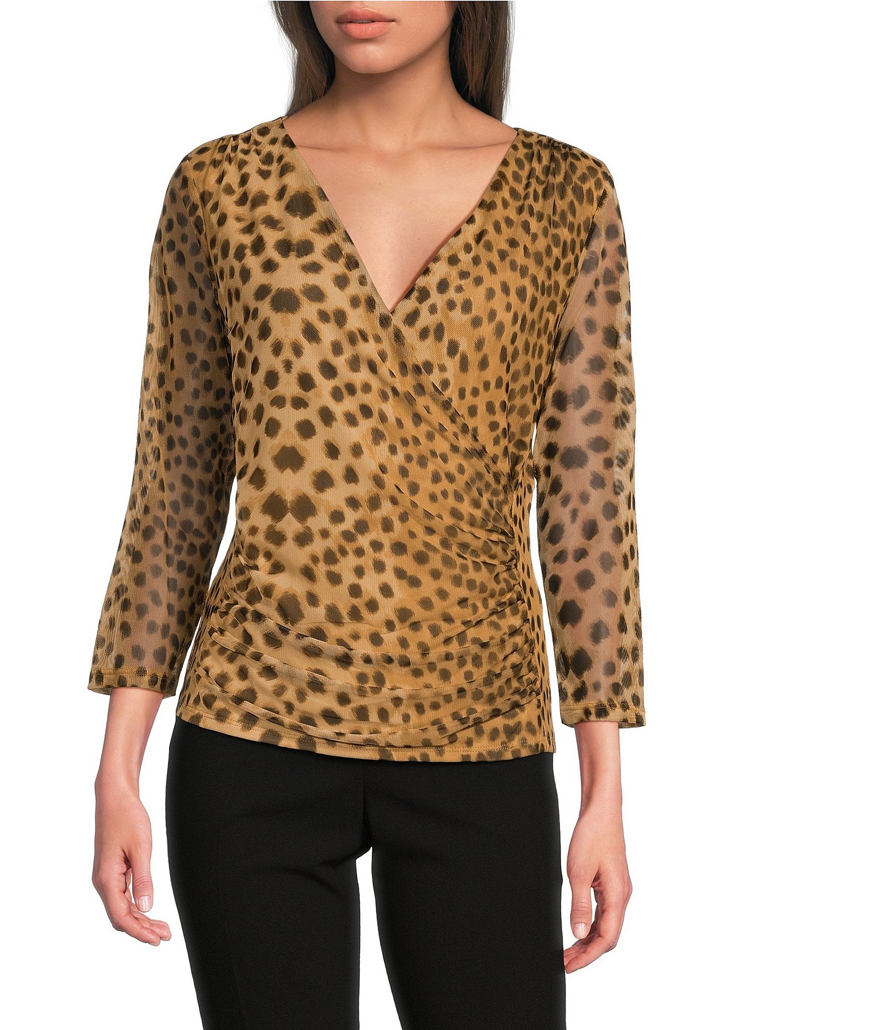 DKNY by Donna Karan Animal Printed Mesh 3/4 Sleeve Faux Wrap Top