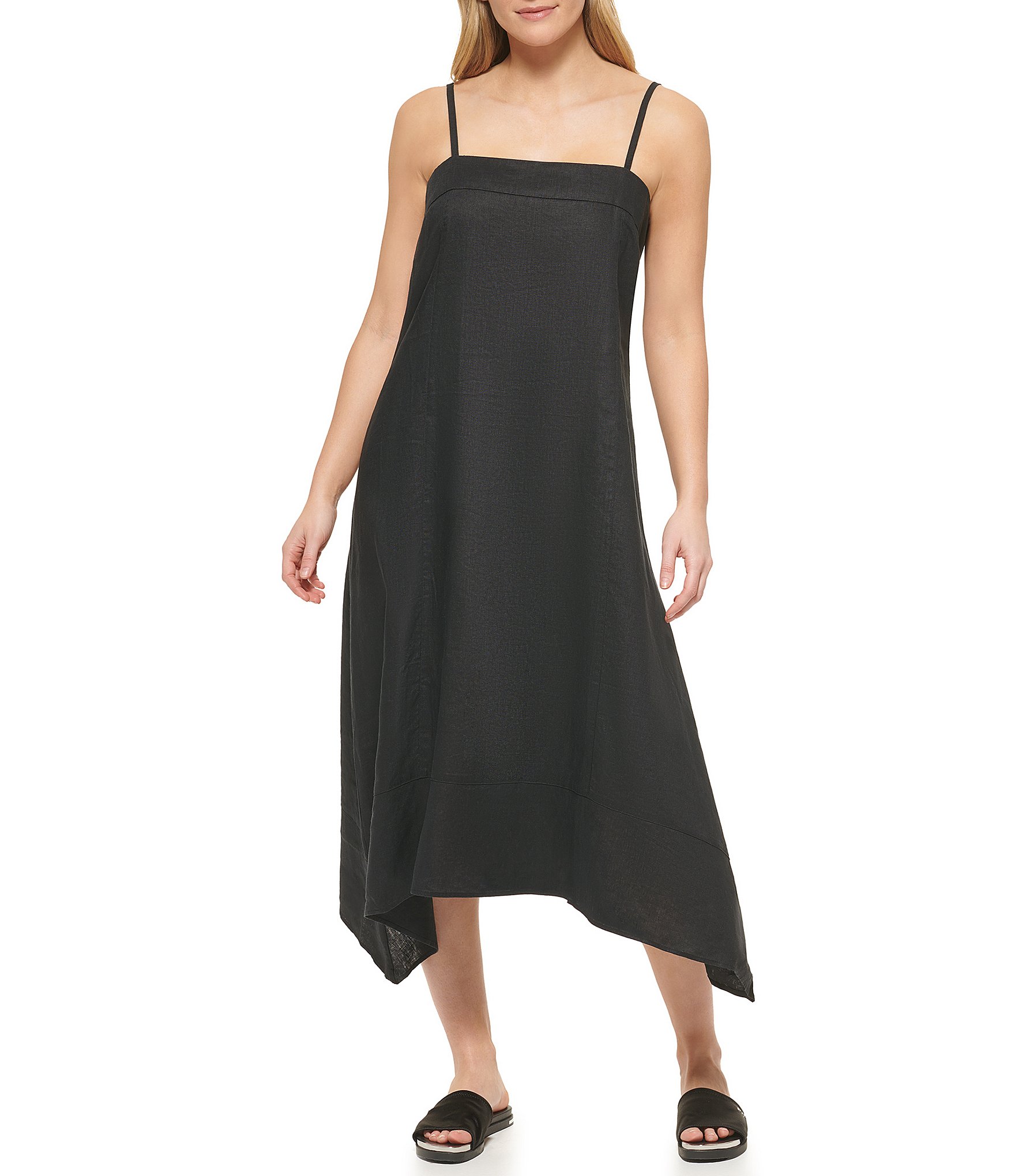 DKNY Asymmetrical Hem Square Neck Sleeveless Linen Waistless Midi Dress ...