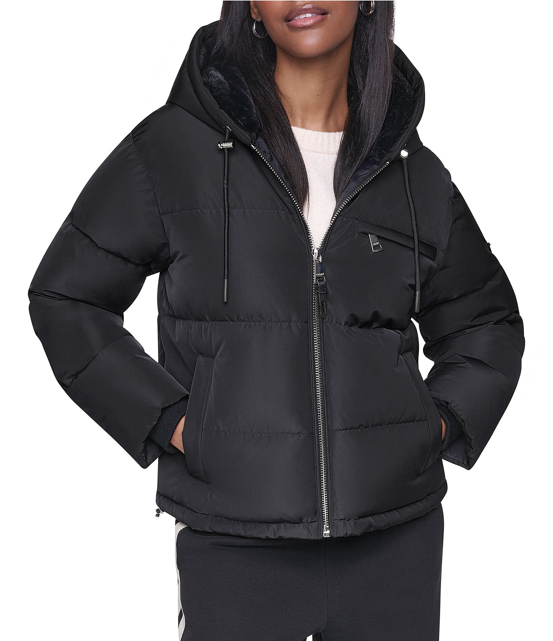 DKNY Attached Hoodie Faux Fur Zip Front Puffer