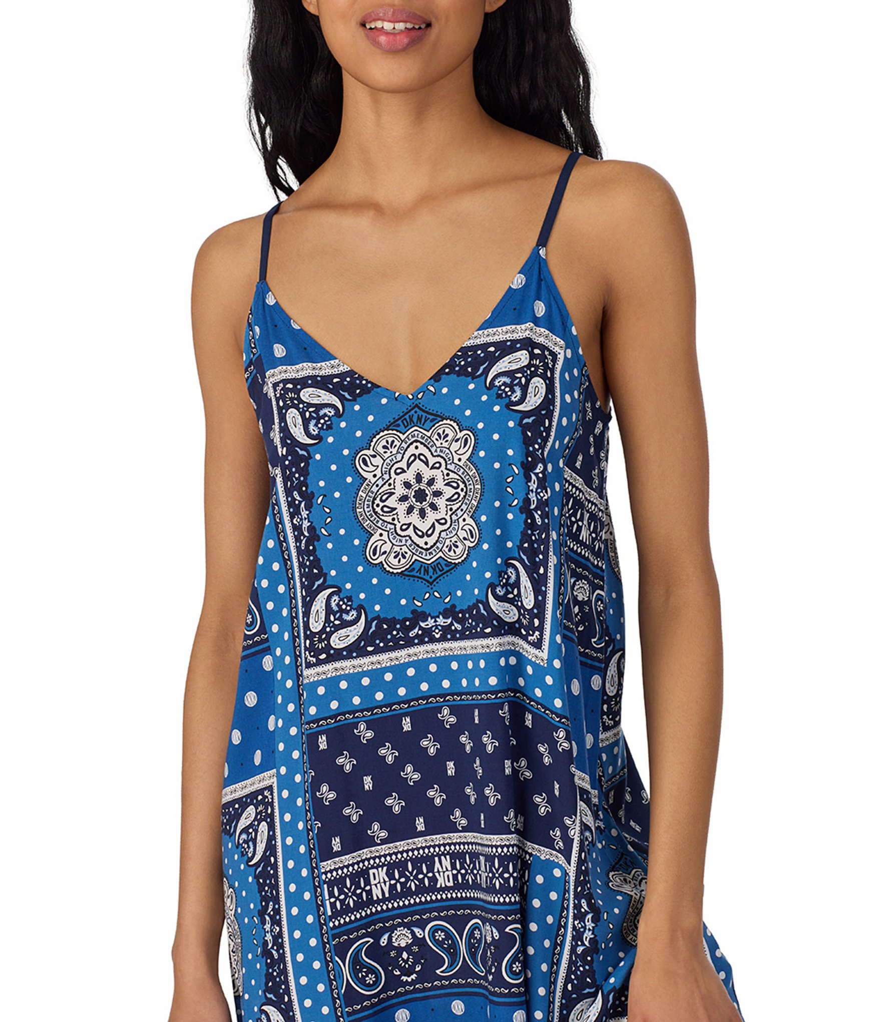 DKNY Bandana Print Sleeveless V-Neck Woven Long Chemise