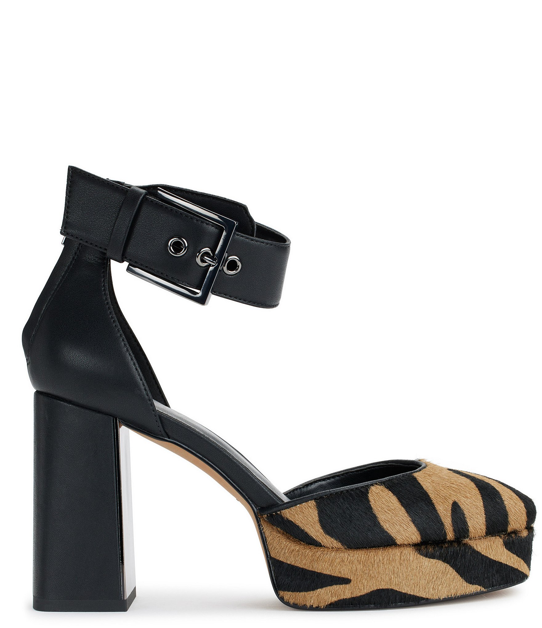 DKNY by Donna Karan Barra Leather Calf-Hair Platform Buckle Detail Ankle Wrap Pumps