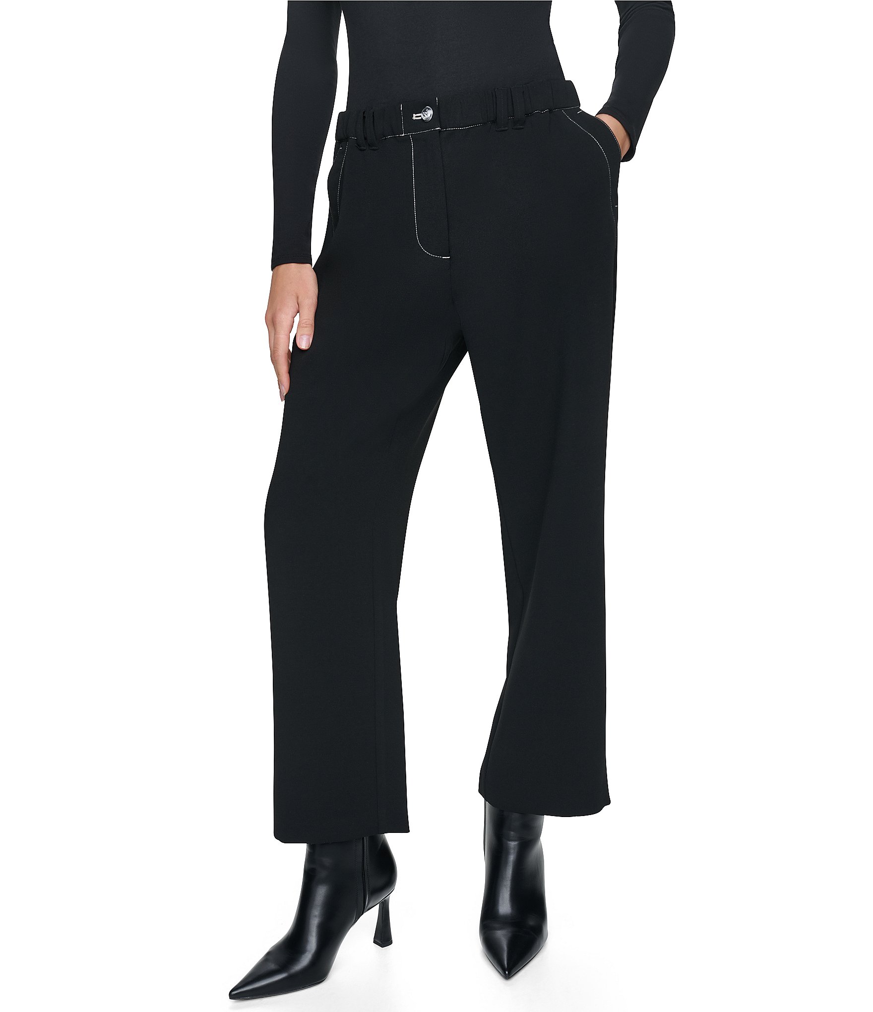 DKNY by Donna Karan Contrast Stitch Tab Flat Front High Rise Straight Leg Crop Coordinating Pants