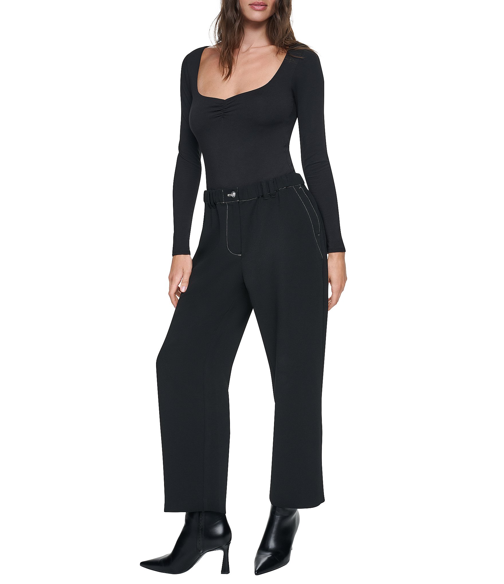 DKNY by Donna Karan Contrast Stitch Tab Flat Front High Rise Straight Leg Crop Coordinating Pants