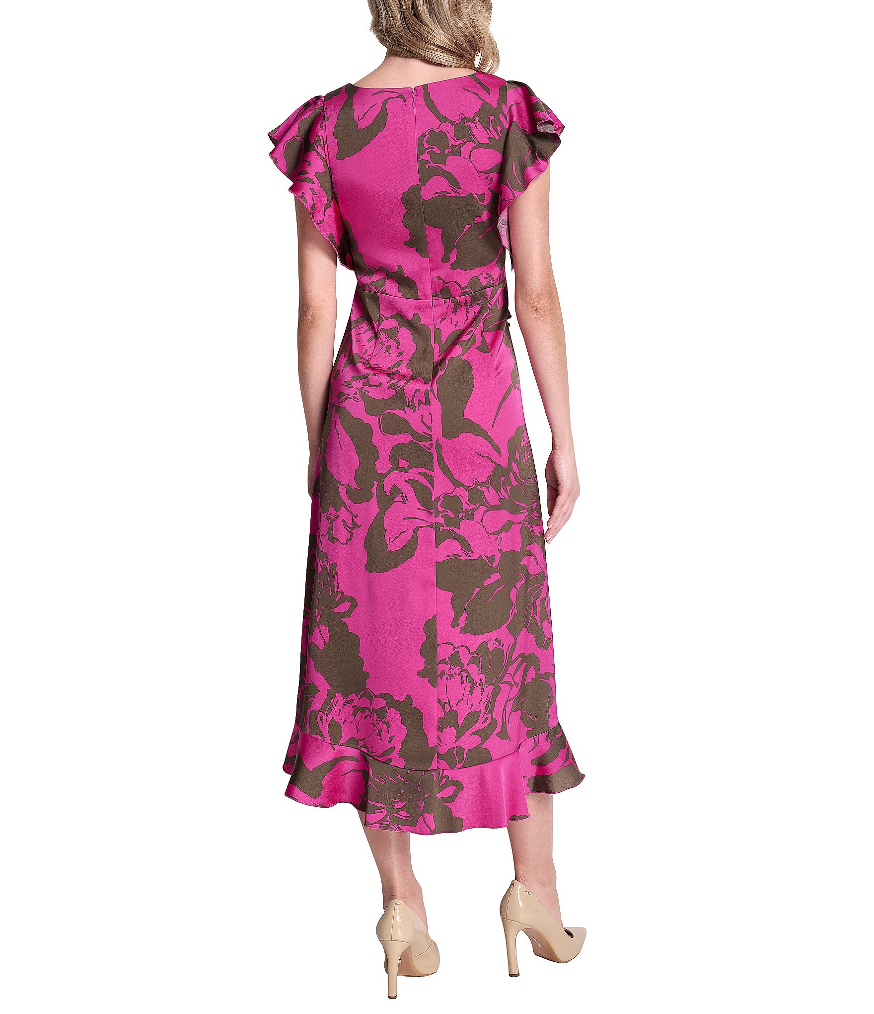 DKNY by Donna Karan Floral Print Charmeuse Ruffle Cap Sleeve Asymmetrical Flutter Hem Faux Wrap Midi Dress