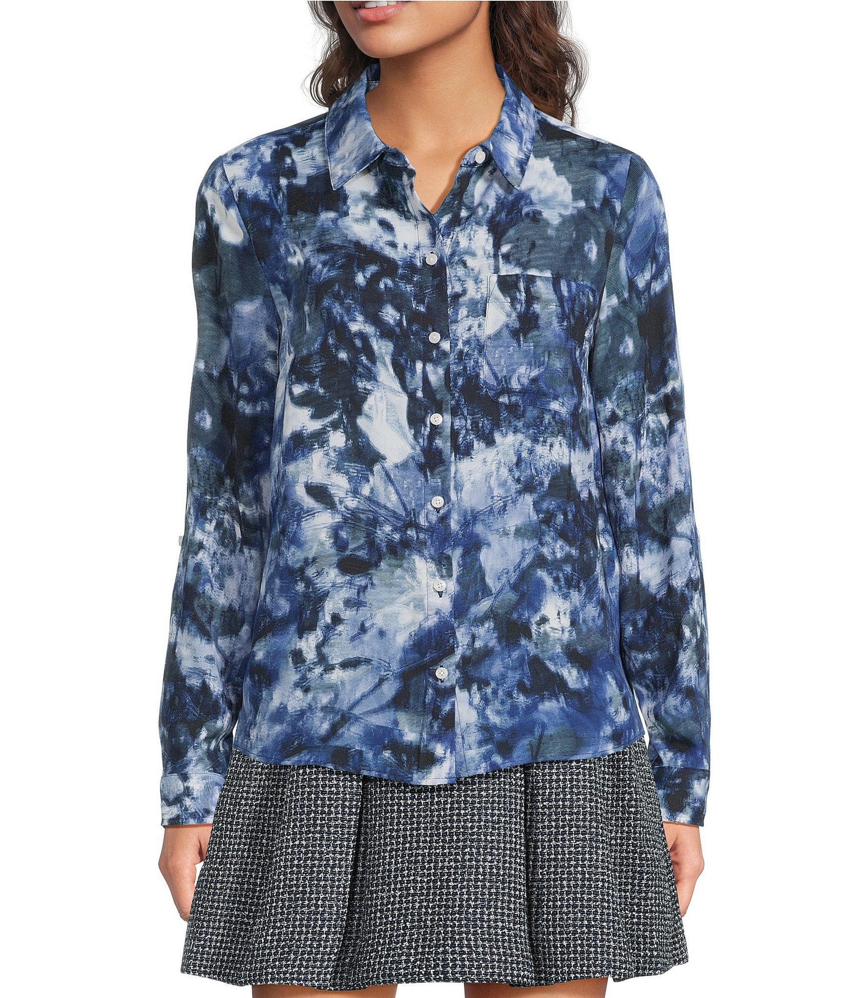 DKNY by Donna Karan Georgette Point Collar Long Roll-Tab Sleeve Button Front Shirt