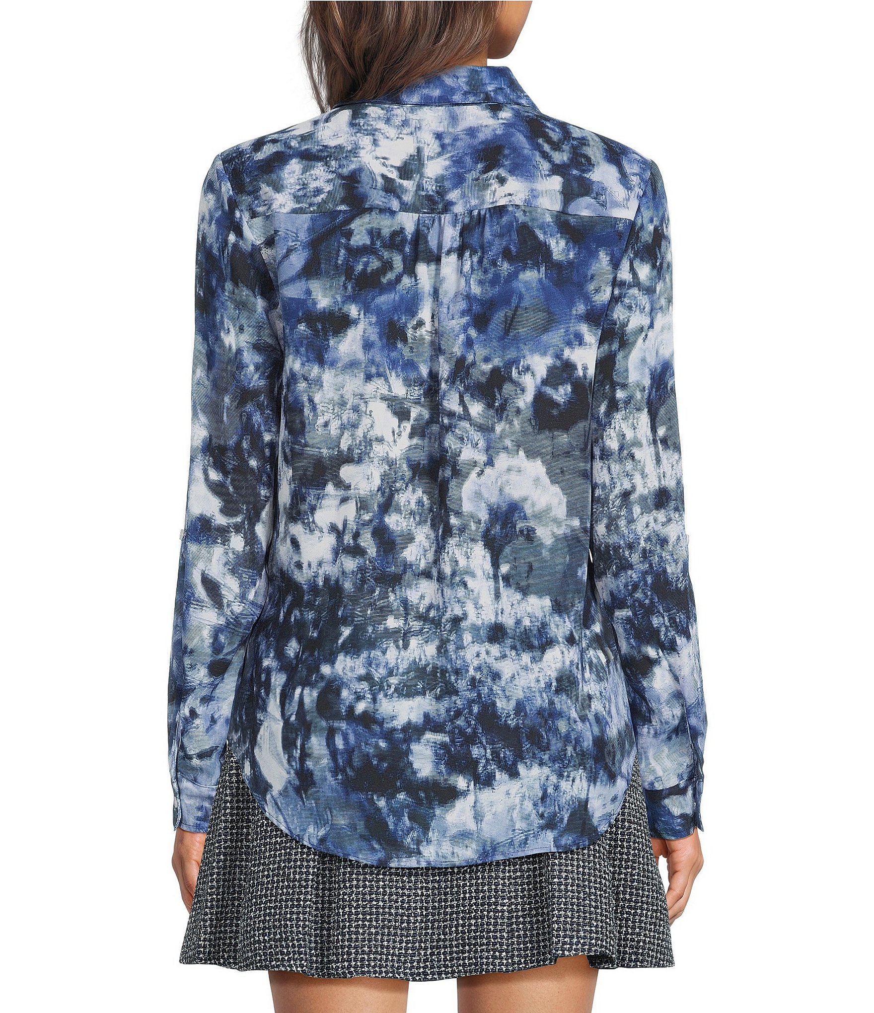 DKNY by Donna Karan Georgette Point Collar Long Roll-Tab Sleeve Button Front Shirt