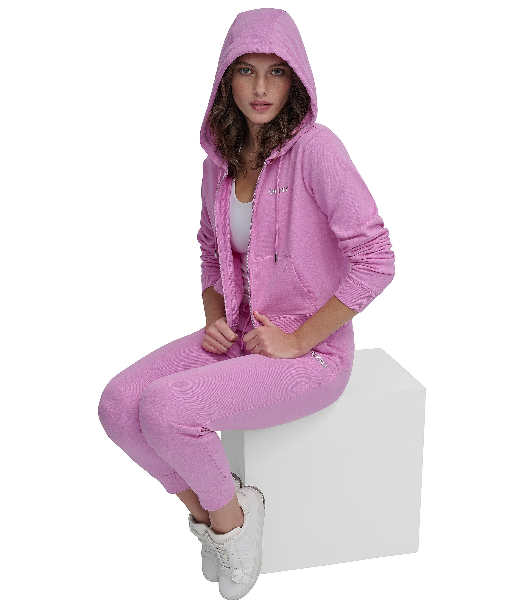 DKNY by Donna Karan Bubble Logo Knit Drawstring Long Sleeve Front Zip Hoodie Jacket