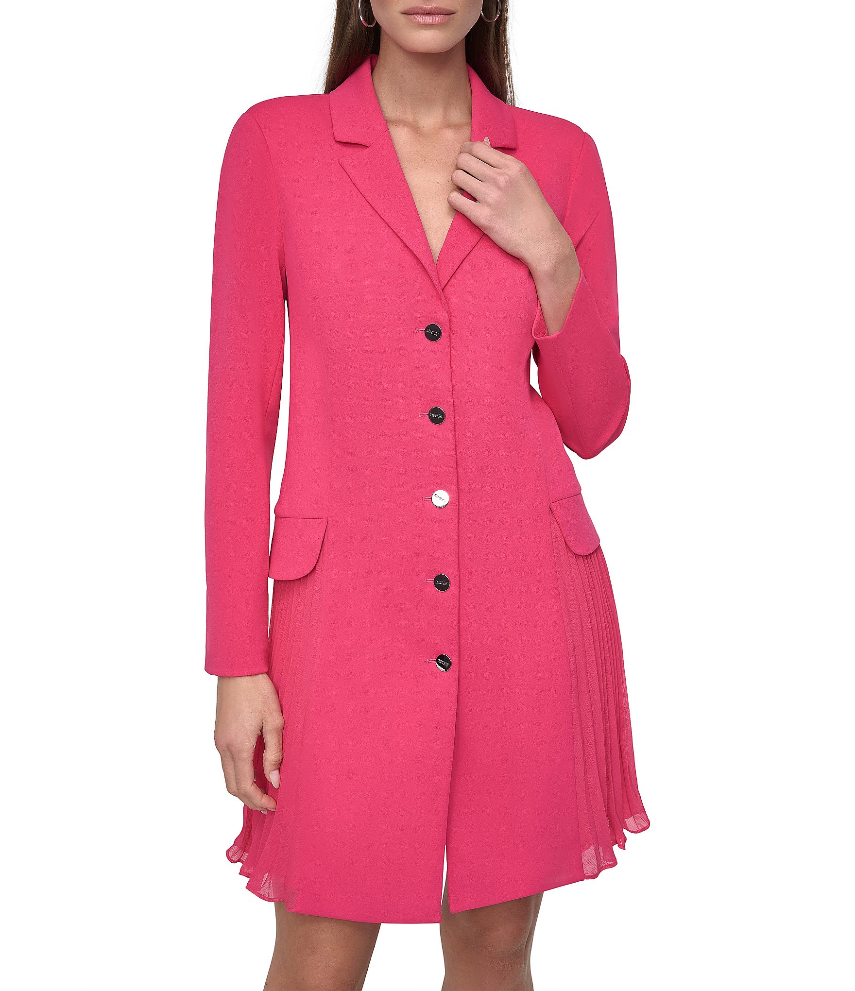 DKNY by Donna Karan Notch Collar Long Sleeve Pleated Button Front ...