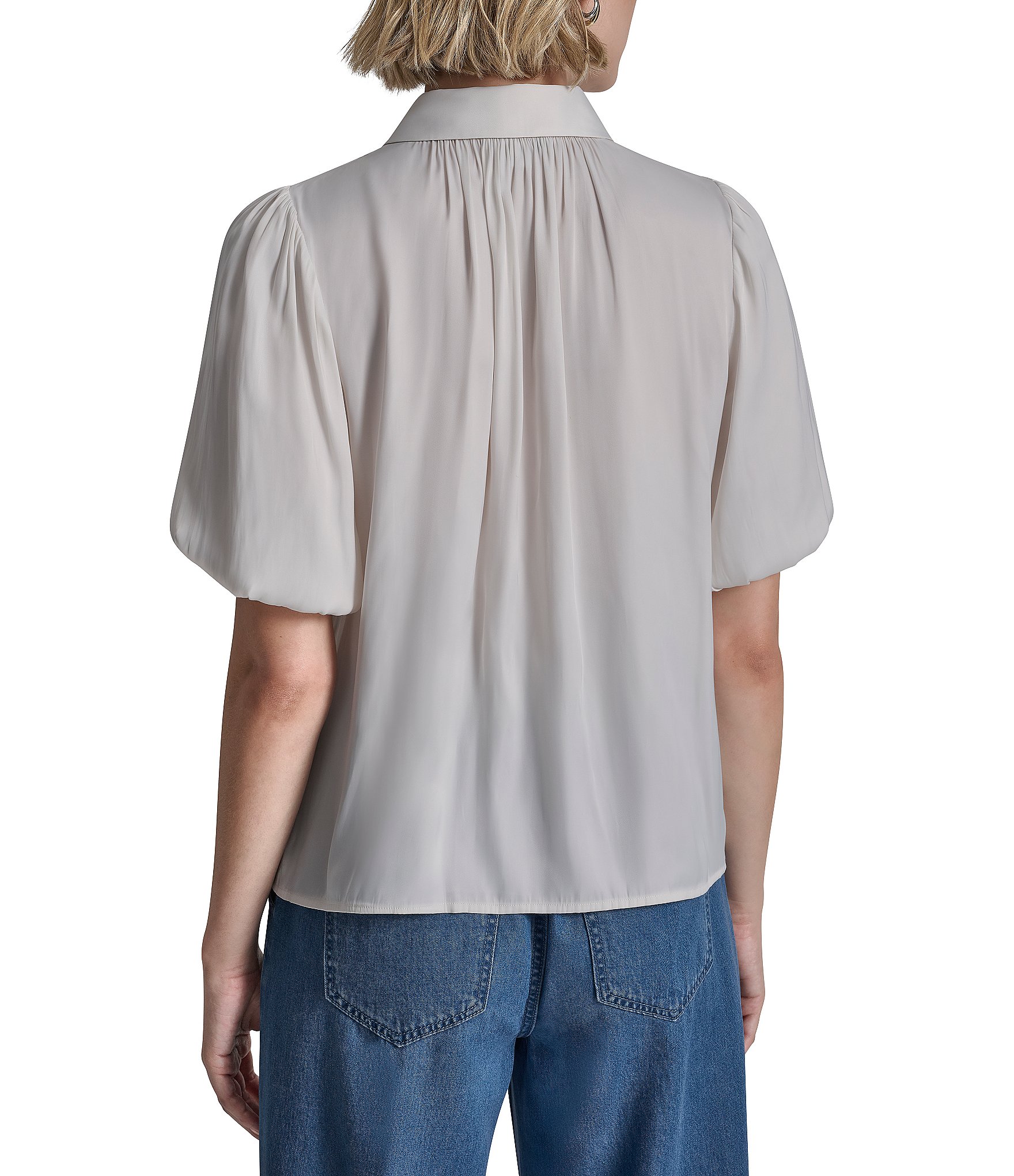 DKNY by Donna Karan Park Satin Point Collar Short Puff Sleeve Button Front Blouse