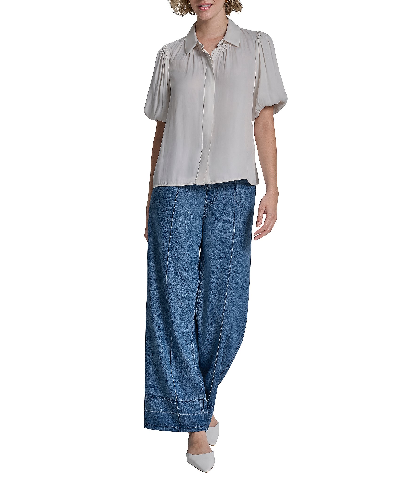 DKNY by Donna Karan Park Satin Point Collar Short Puff Sleeve Button Front Blouse