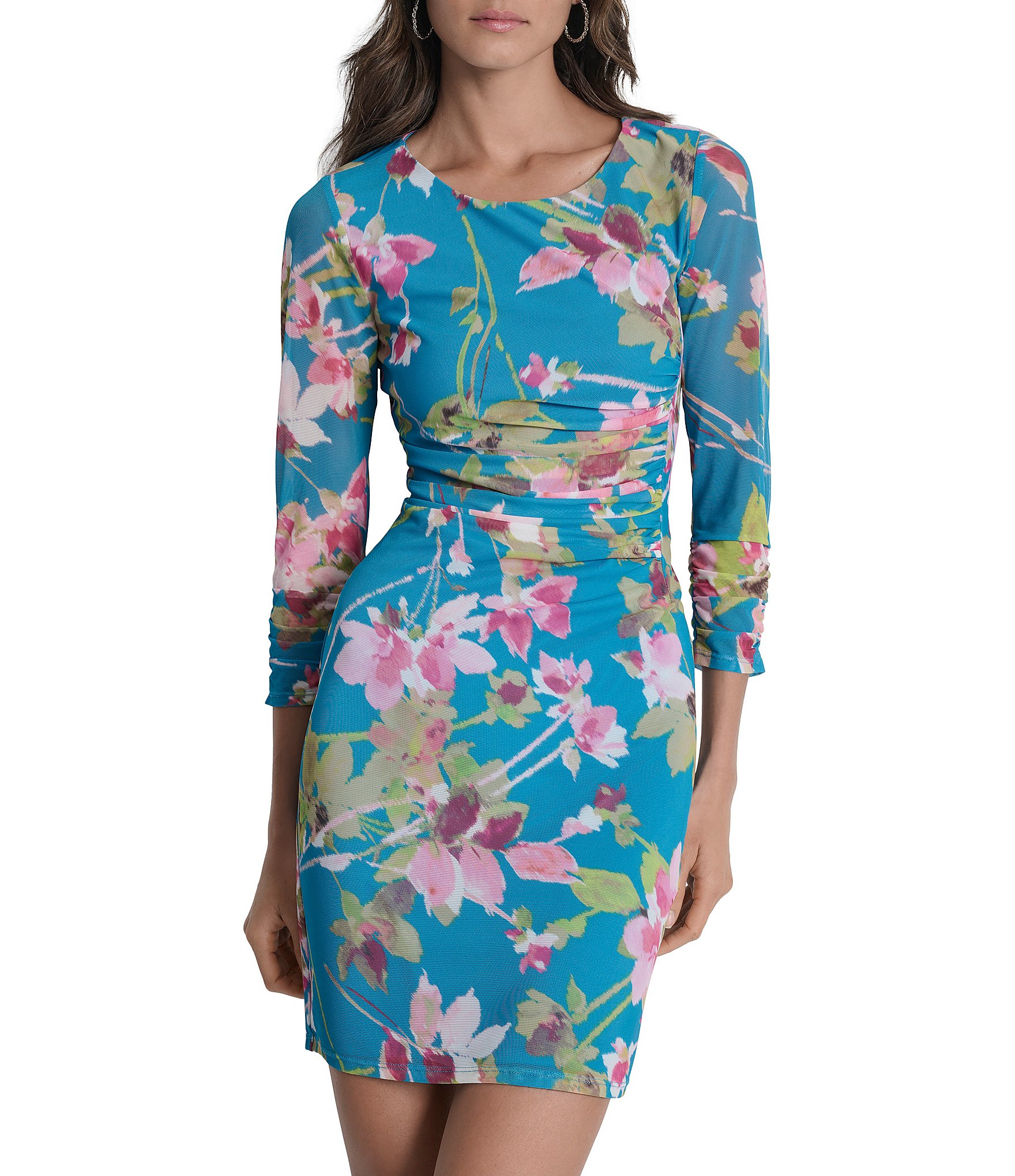 DKNY by Donna Karan Petite Size Crew Neckline Floral Print 3/4 Sleeve Ruched Sheath Dress