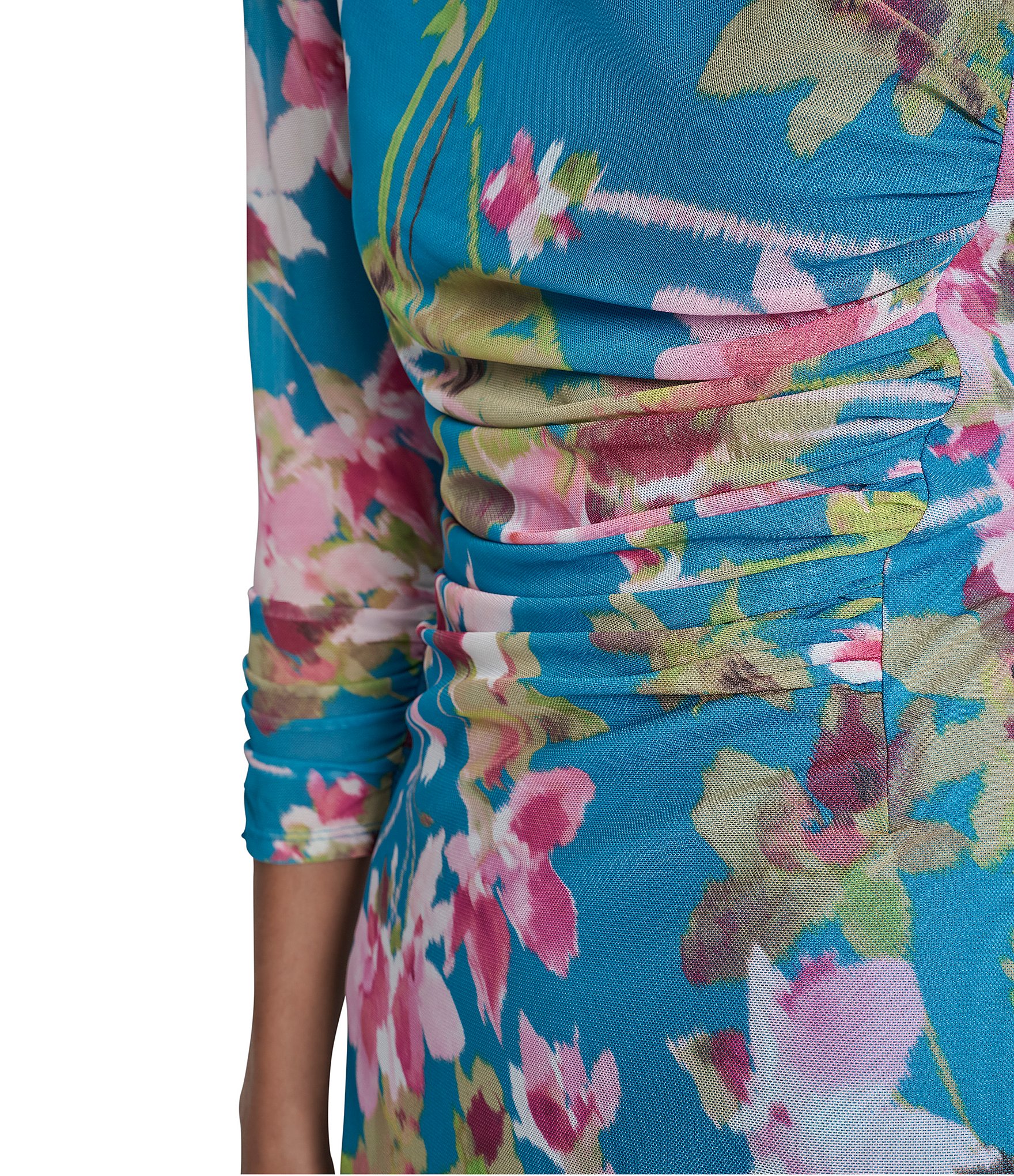 DKNY by Donna Karan Petite Size Crew Neckline Floral Print 3/4 Sleeve Ruched Sheath Dress