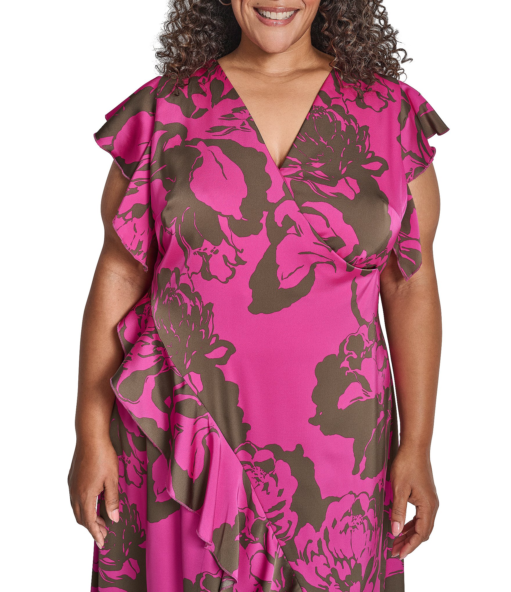 DKNY by Donna Karan Plus Size Floral Print Charmeuse Ruffle Cap Sleeve Asymmetrical Flutter Hem Faux Wrap Dress