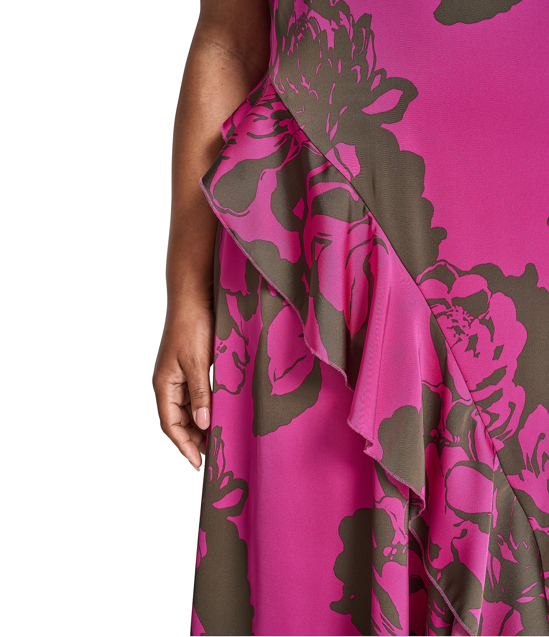DKNY by Donna Karan Plus Size Floral Print Charmeuse Ruffle Cap Sleeve Asymmetrical Flutter Hem Faux Wrap Dress