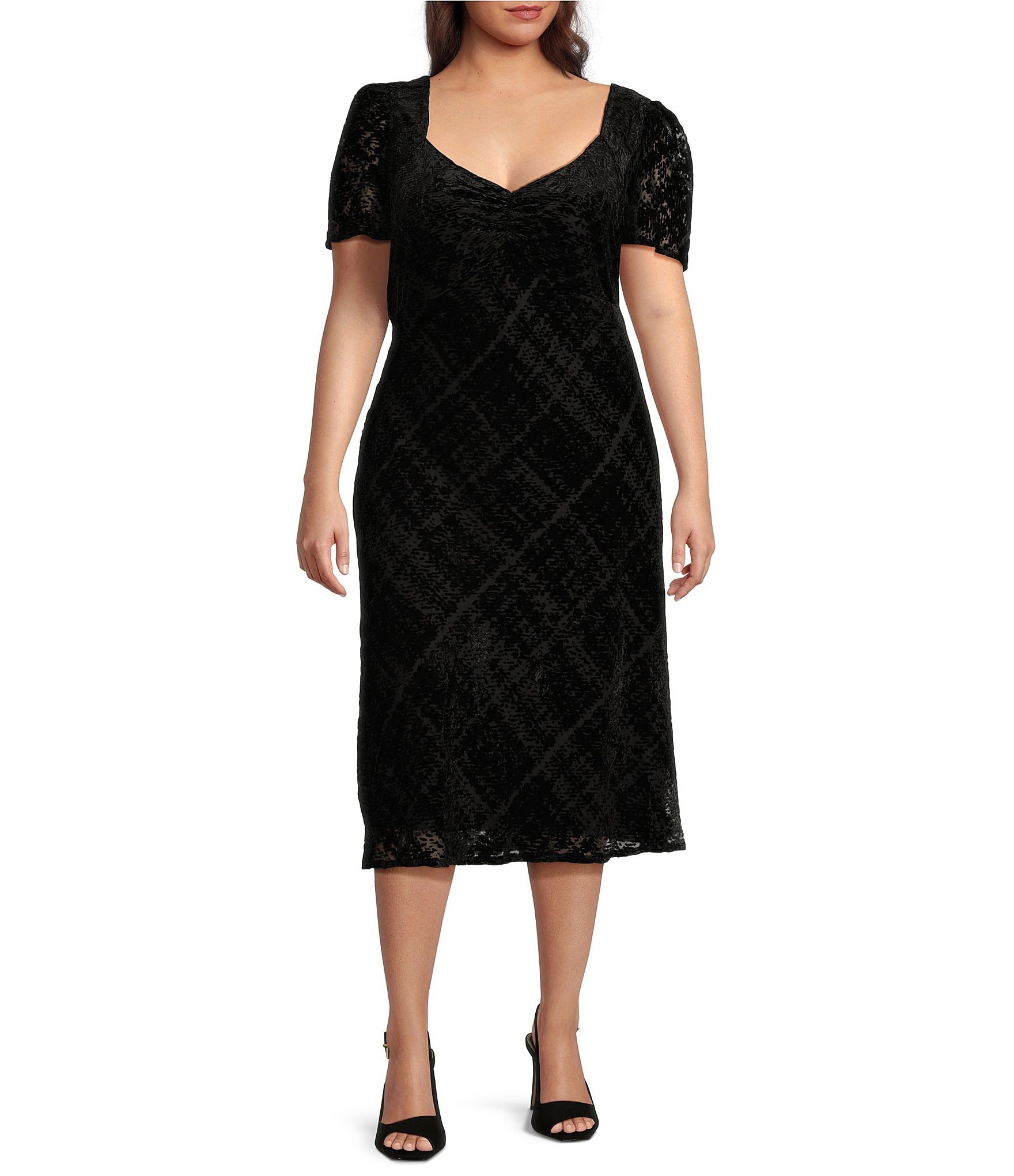 DKNY by Donna Karan Plus Size Plaid Print V-Neck Short Puff Sleeves Empire Shirred Dress