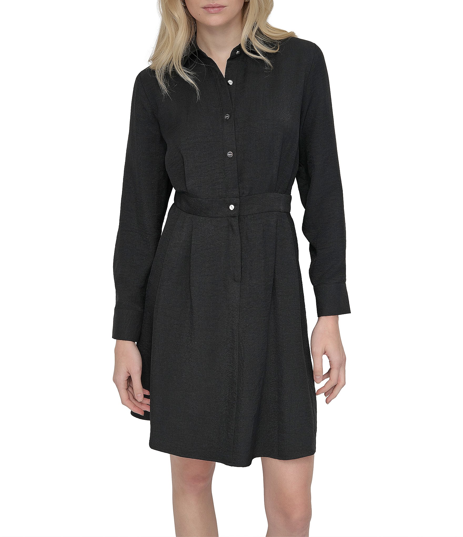 DKNY by Donna Karan Point Collar Long Sleeve Button Front Melange Washer Shirtdress
