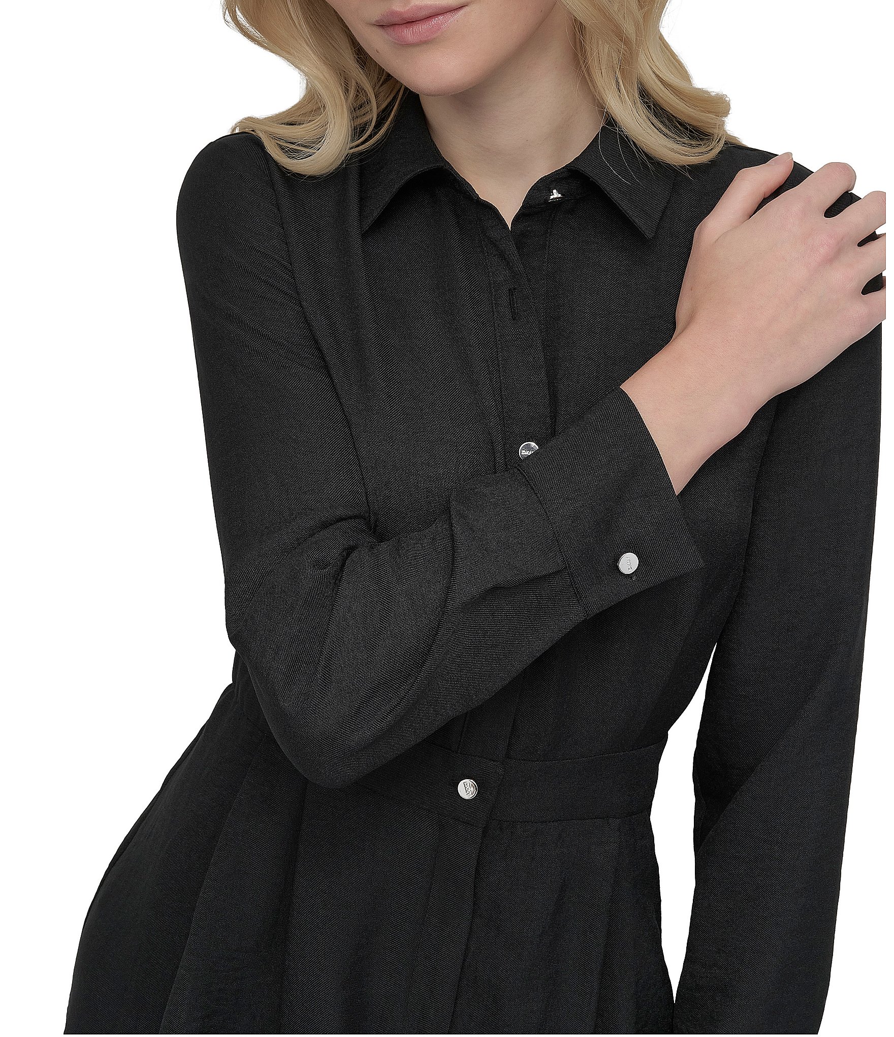 DKNY by Donna Karan Point Collar Long Sleeve Button Front Melange Washer Shirtdress
