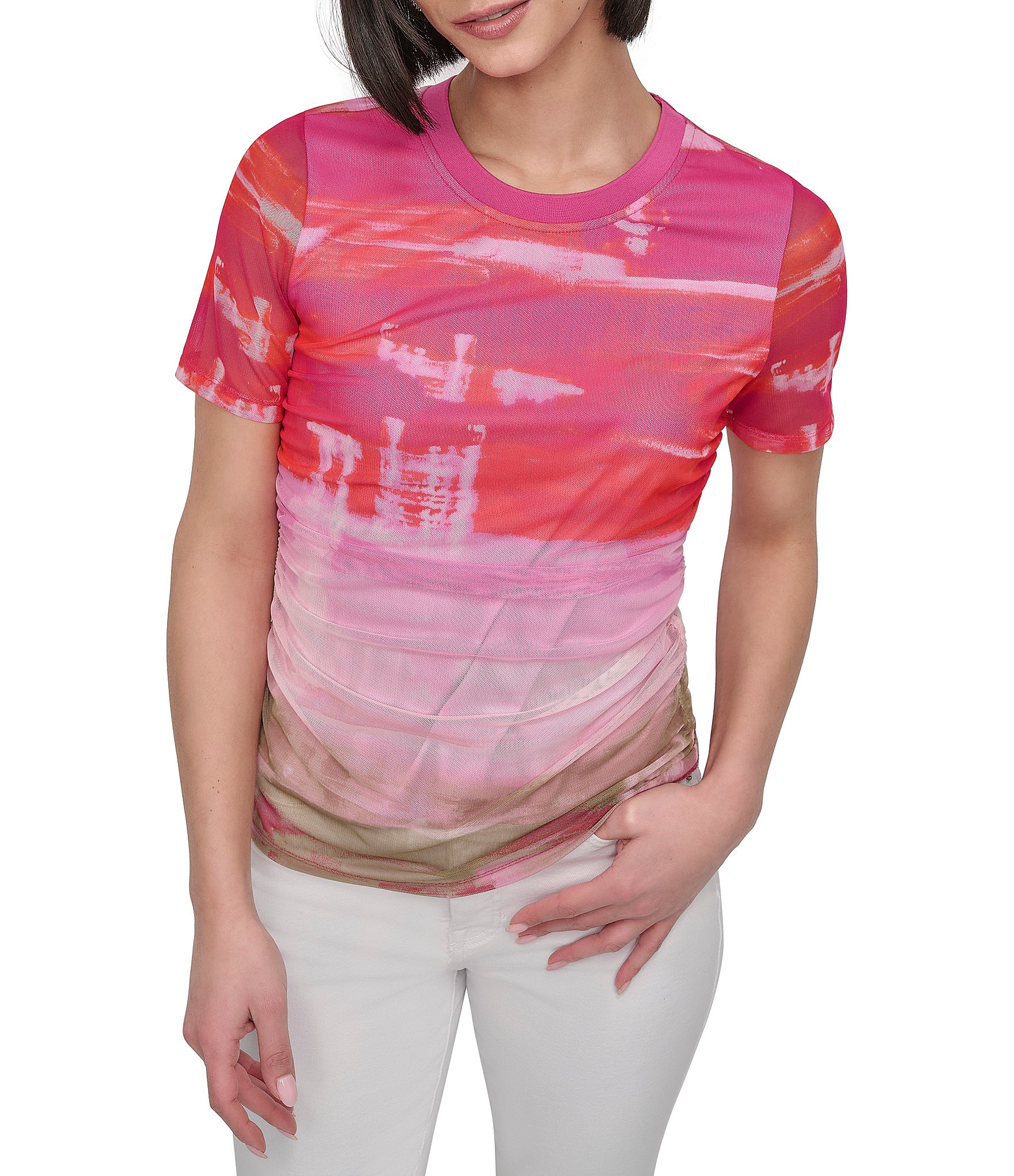 DKNY by Donna Karan Printed Mesh Crew Neck Short Sleeve
