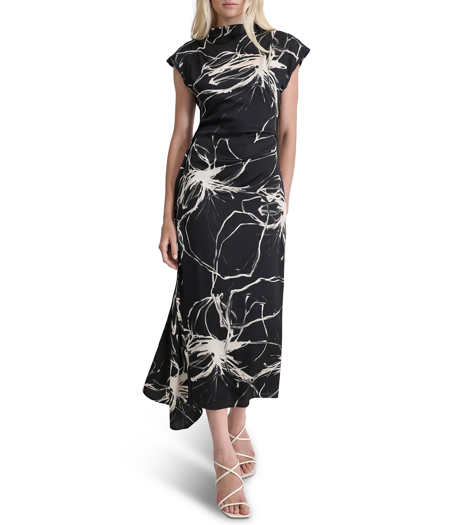 【Donna Karan New York】Printed Mock-Neck Midi Dress DKNY by Donna Karan Printed Woven Mock Neck Short Sleeve A