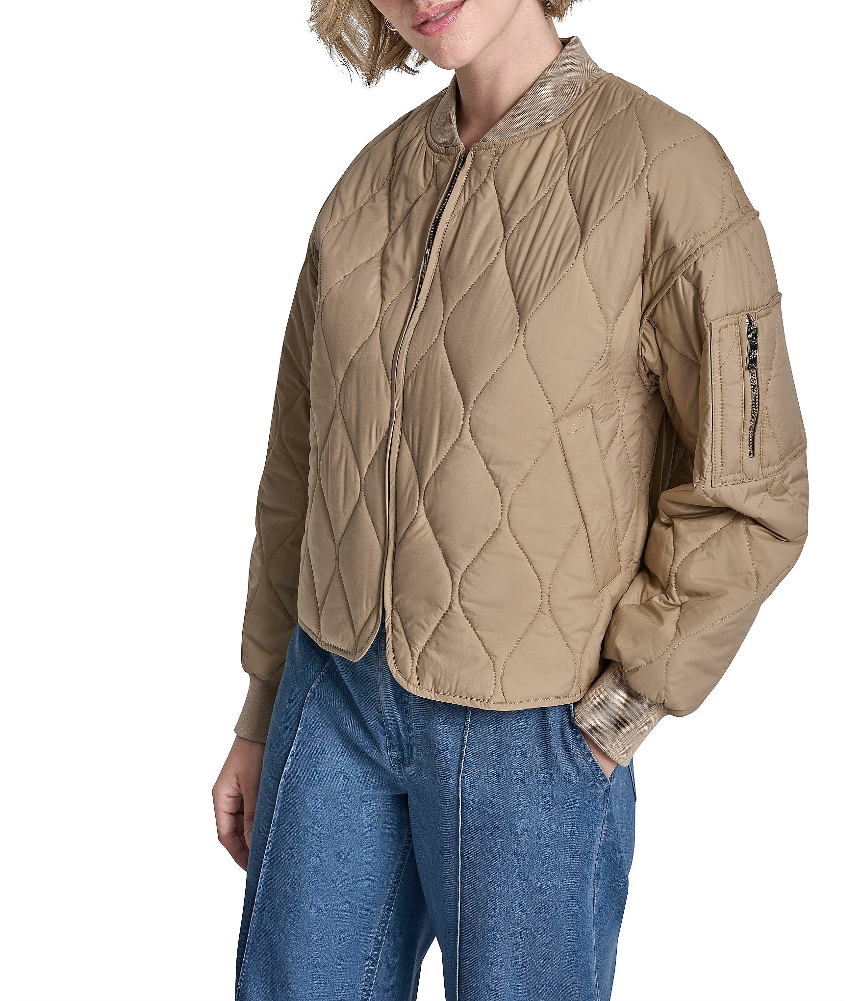 DKNY by Donna Karan Quilted Bomber Ribbed Collar Long Sleeve Zip Front Jacket