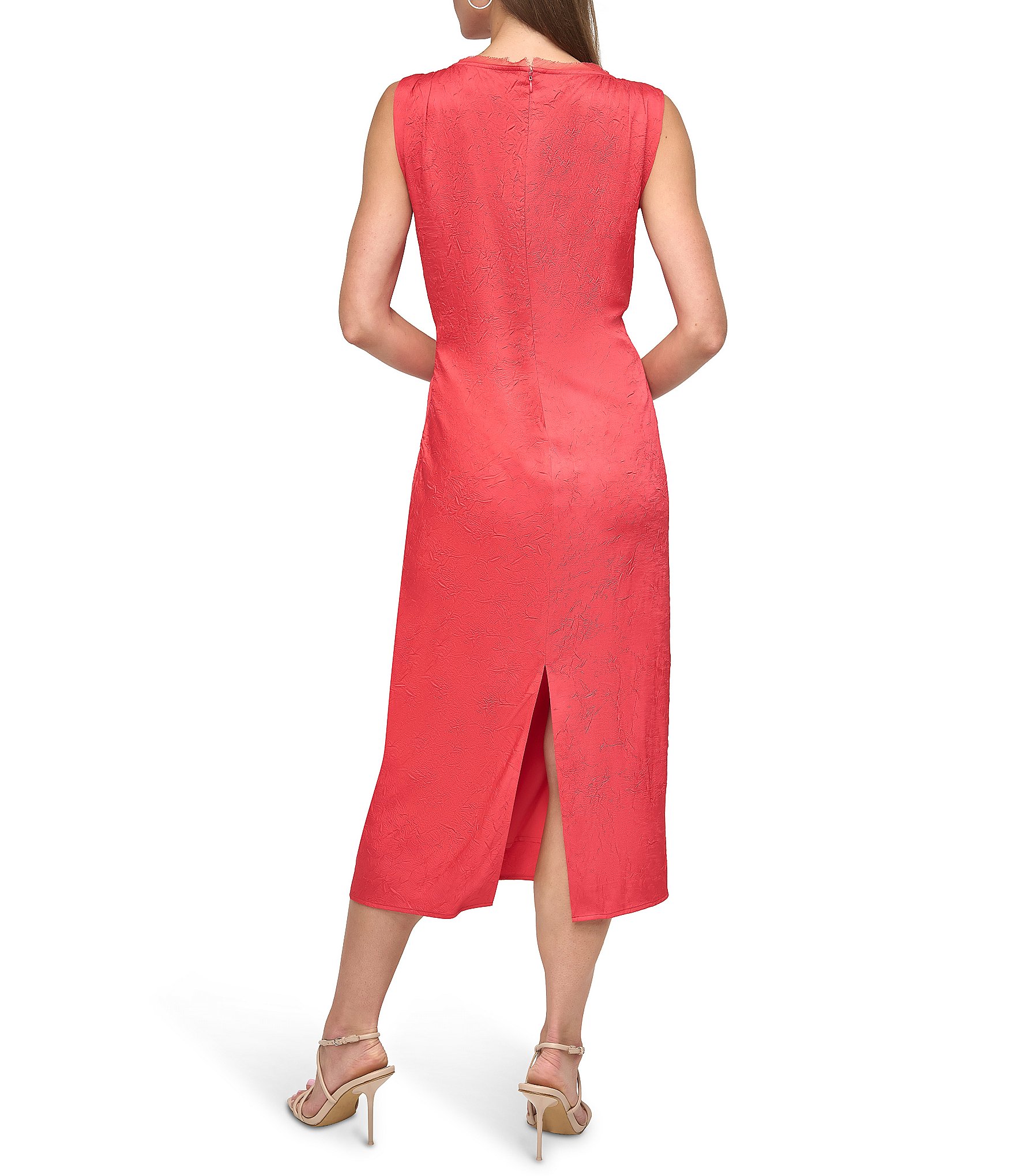 DKNY by Donna Karan Ruched Shoulder Textured Satin Charmeuse Sheath Midi Dress