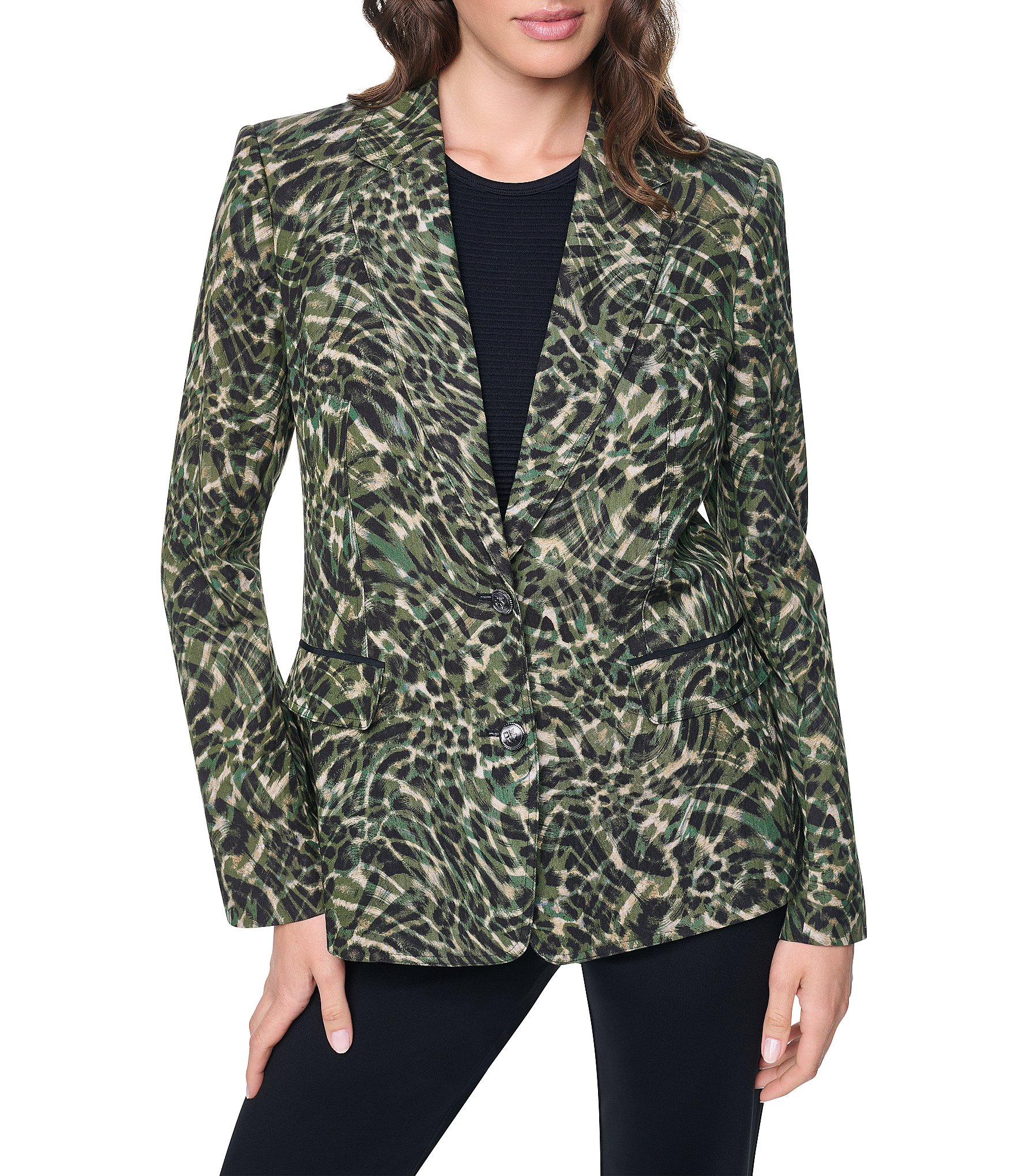 DKNY by Donna Karan Sanded Twill Leopard Print Notch Collar Long Sleeve Blazer