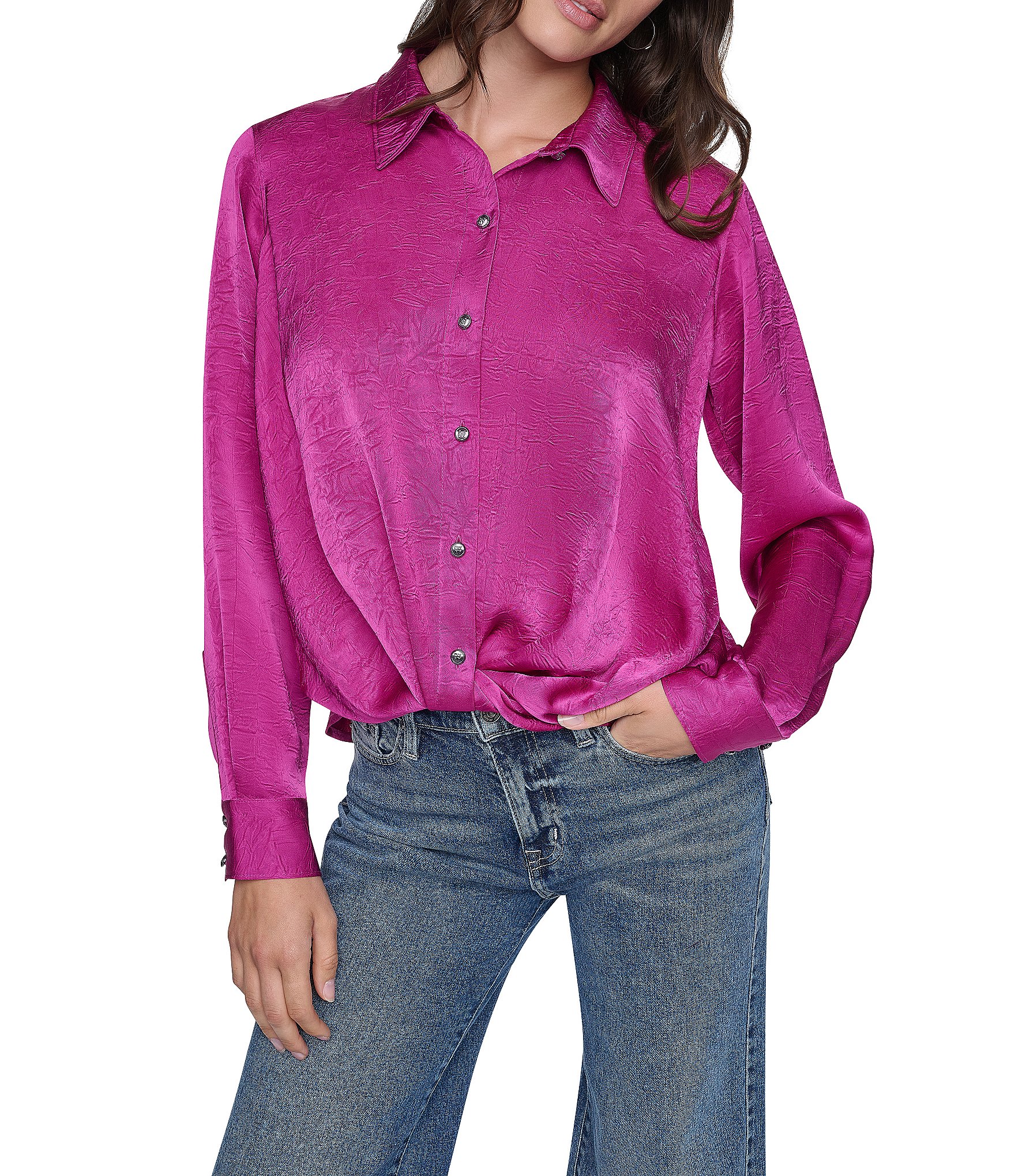 DKNY by Donna Karan Satin Crease Point Collar Twist Button Front Top