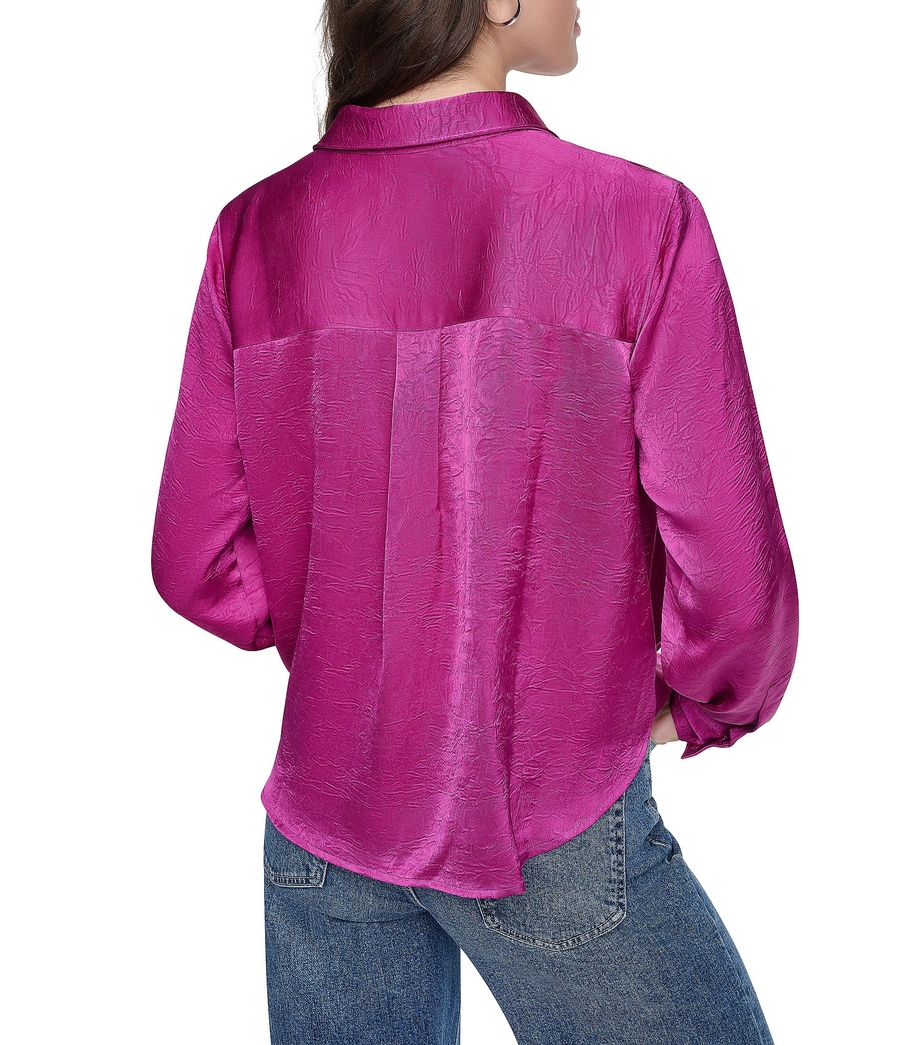 DKNY by Donna Karan Satin Crease Point Collar Twist Button Front Top