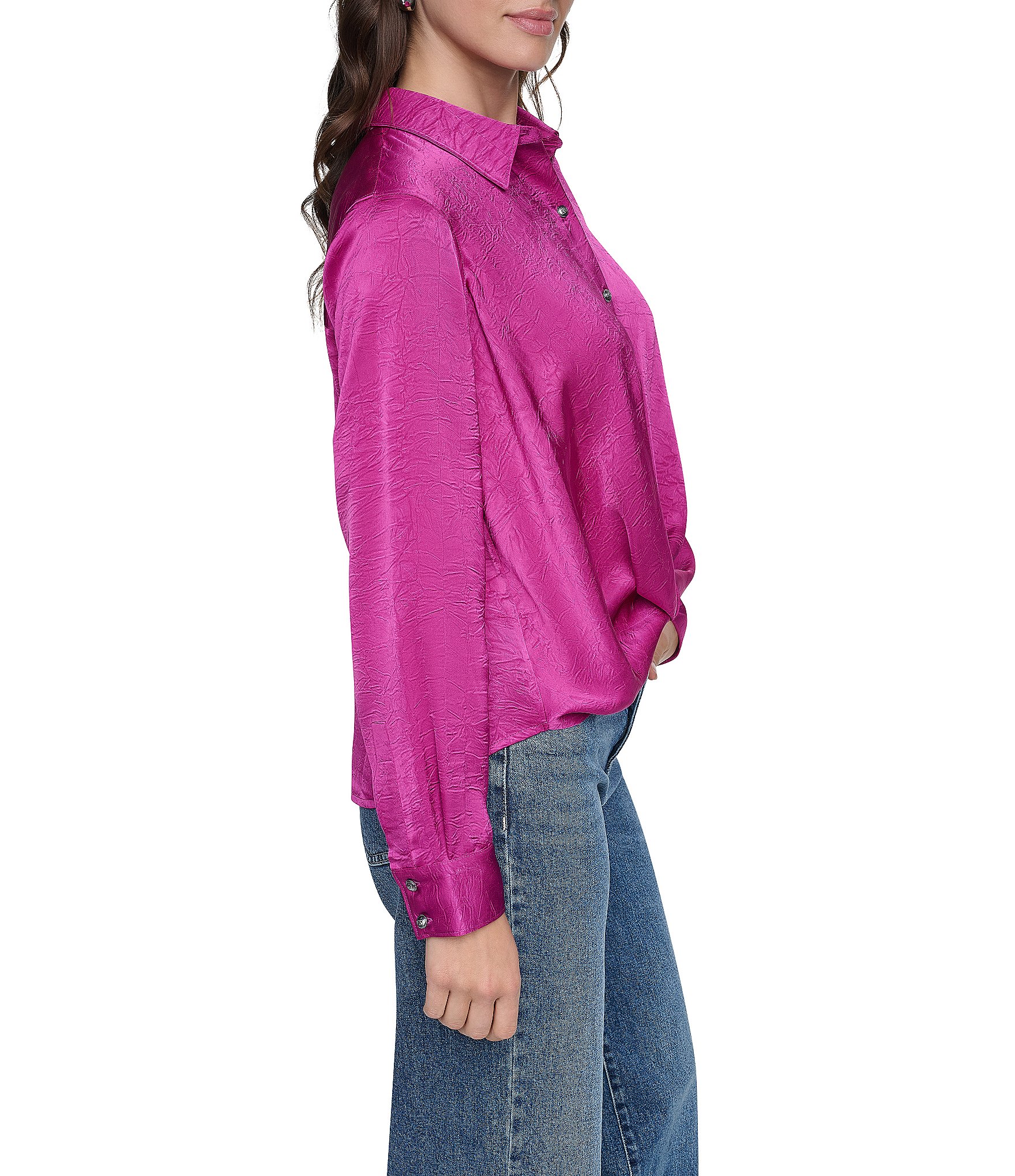 DKNY by Donna Karan Satin Crease Point Collar Twist Button Front Top