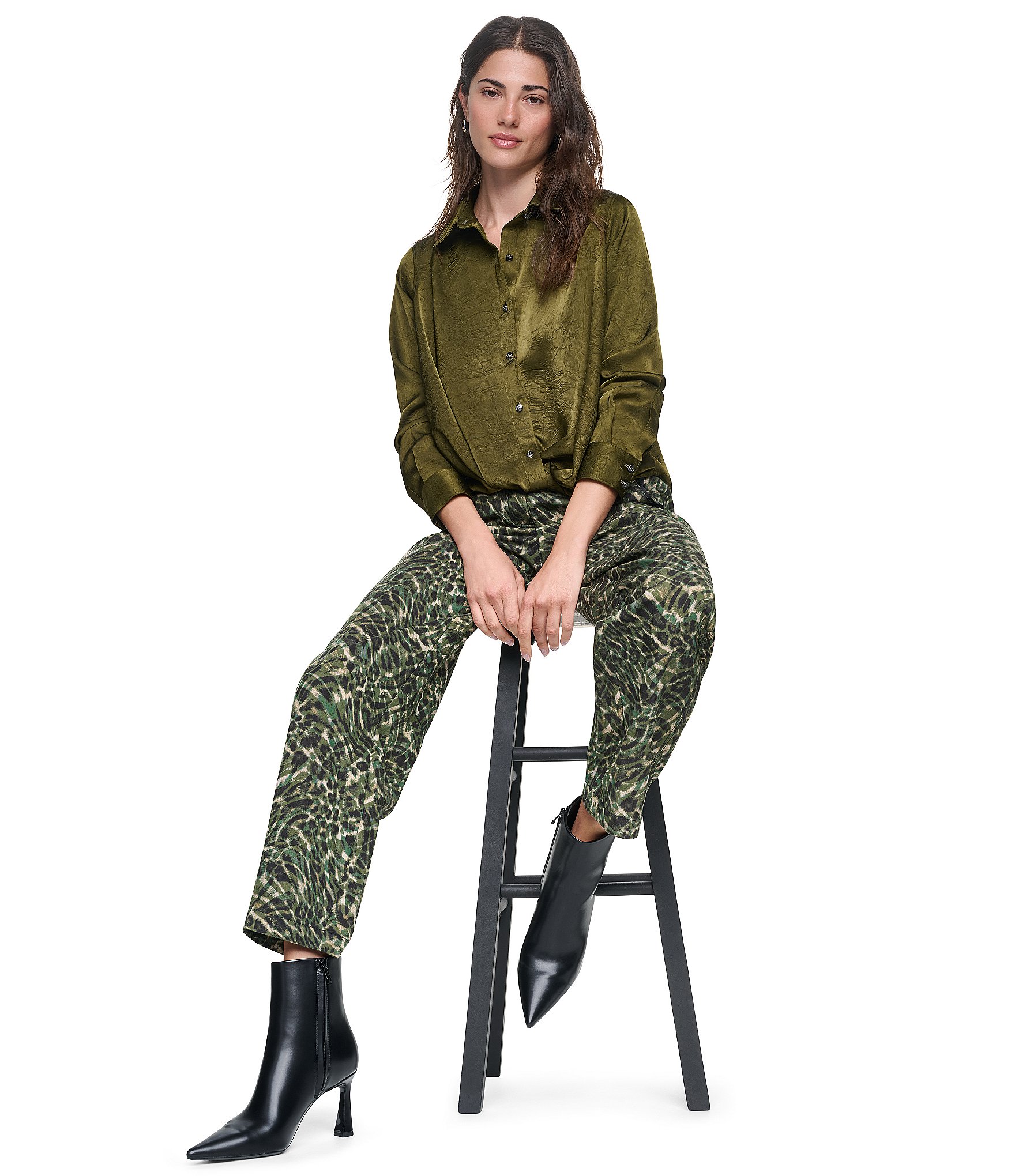 DKNY by Donna Karan Satin Crease Point Collar Twist Button Front Top