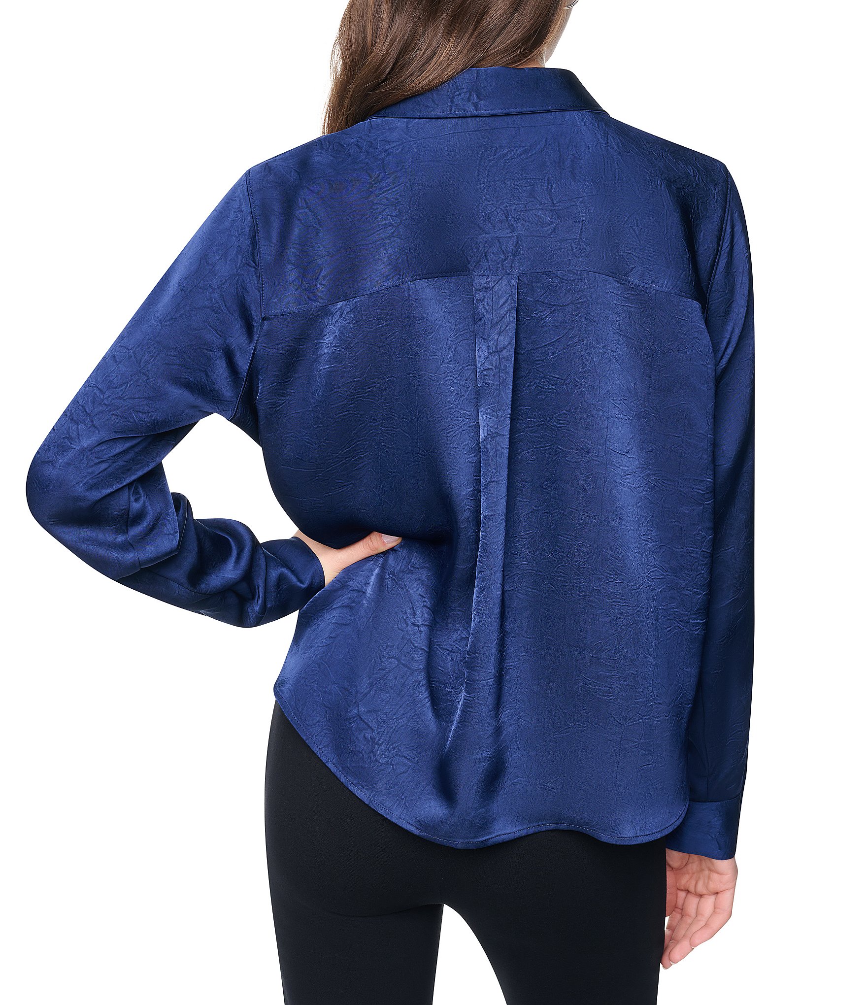DKNY by Donna Karan Satin Crease Point Collar Twist Button Front Top