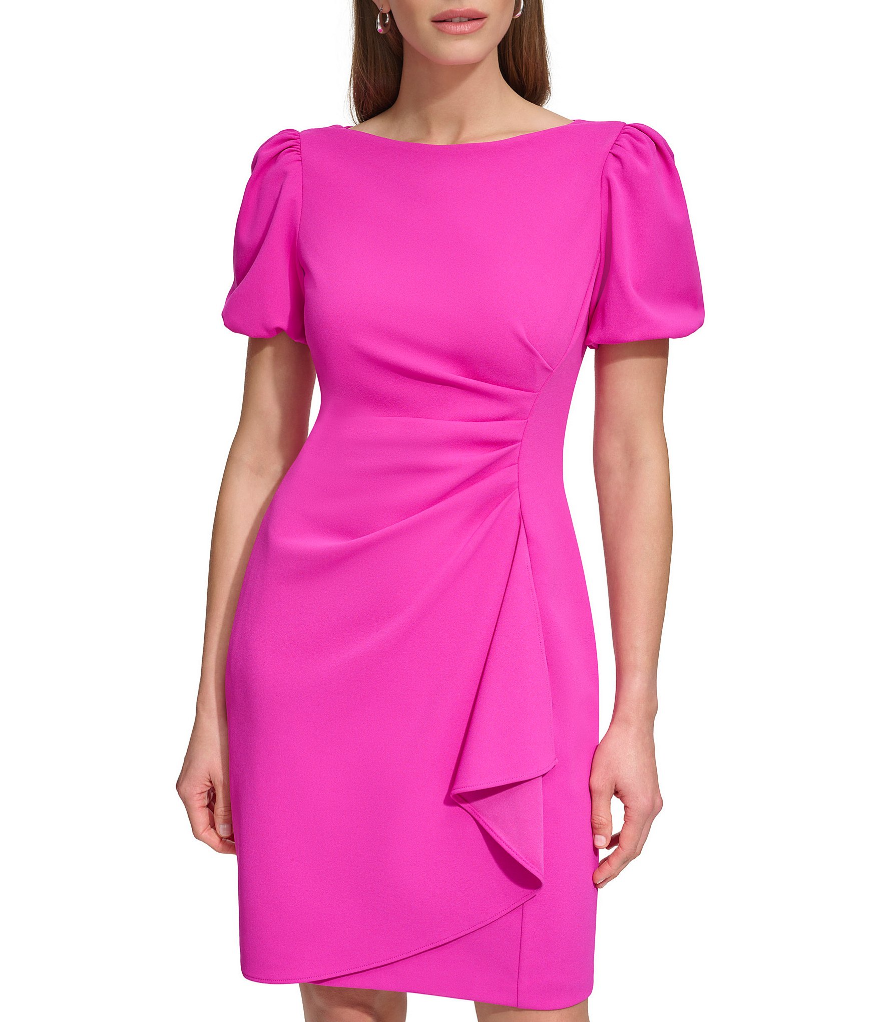 DKNY by Donna Karan Scuba Crepe Short Bubble Sleeve Ruched Front Sheath Dress