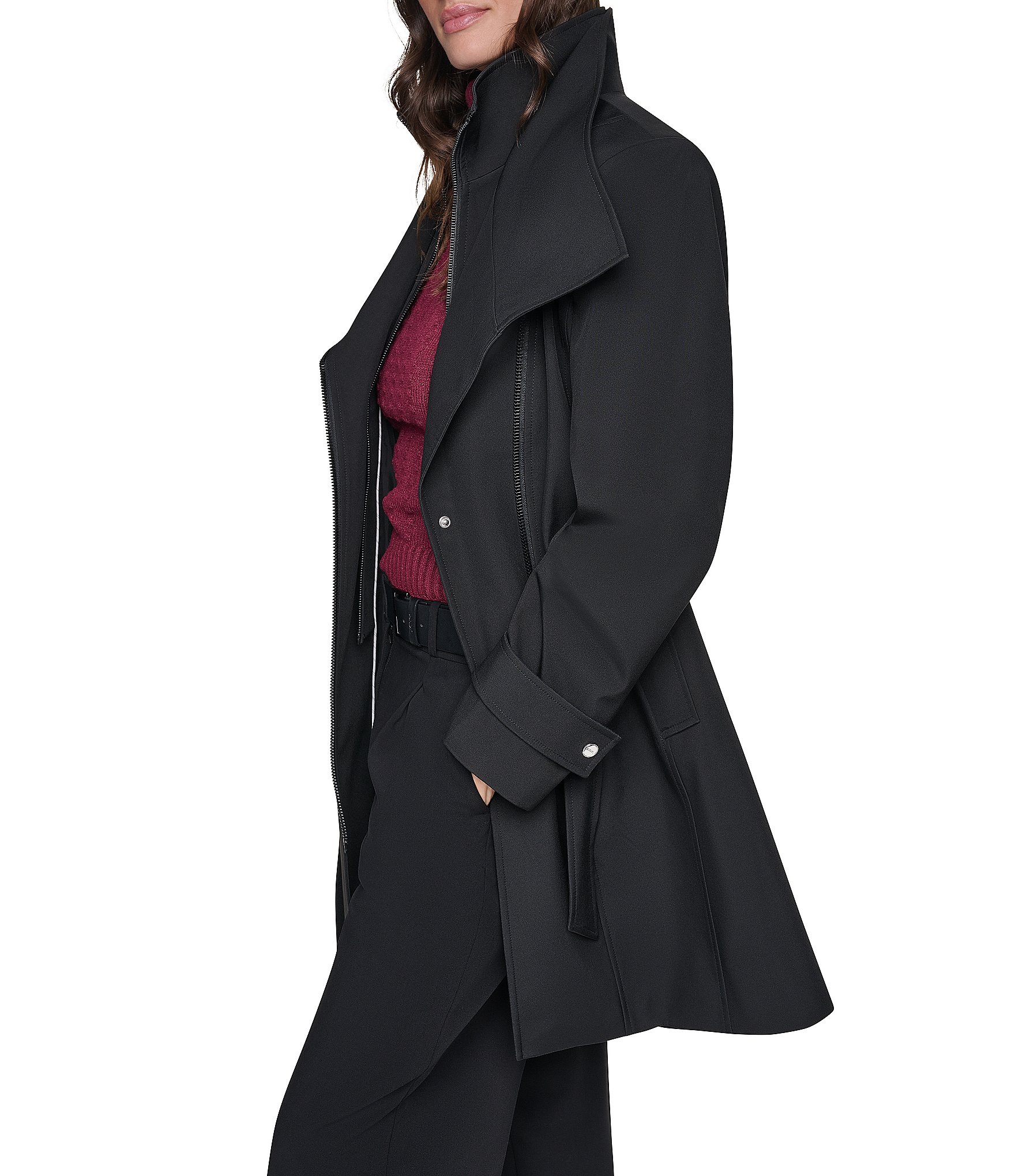DKNY by Donna Karan Softshell Stand Collar Asymmetrical Zip Trench Coat