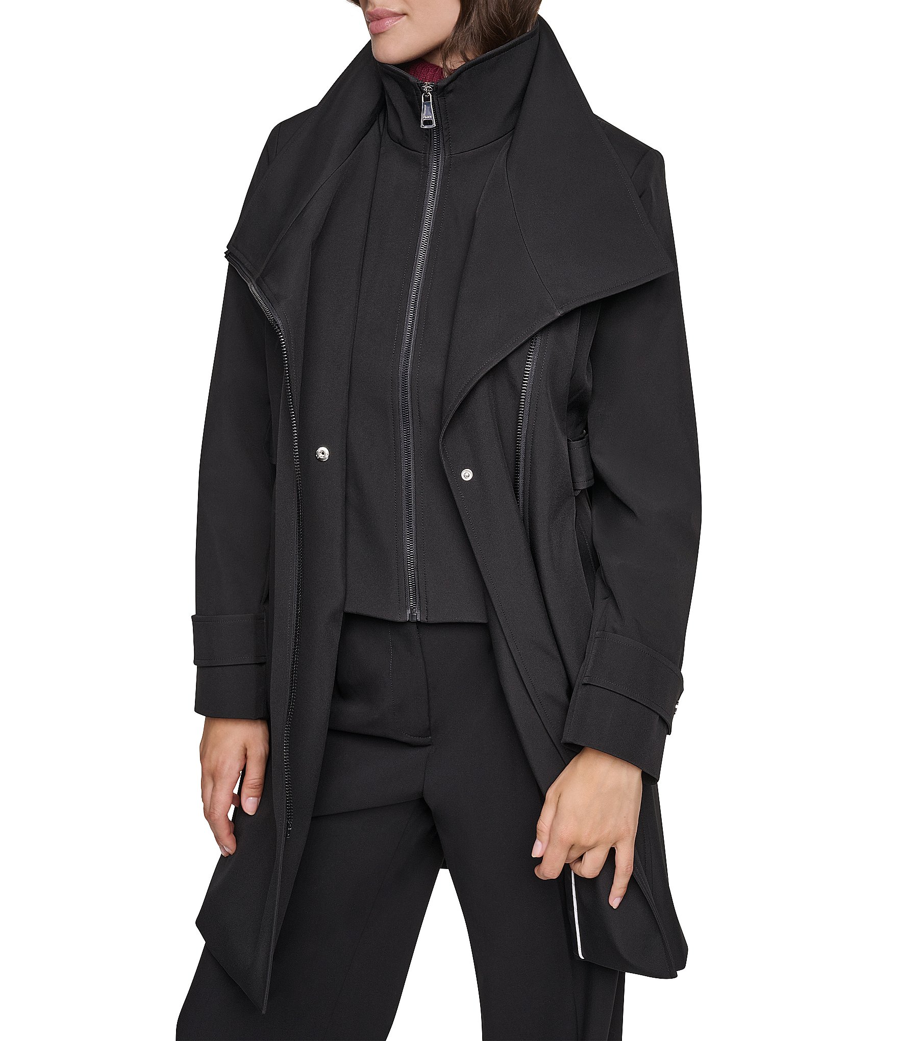 DKNY by Donna Karan Softshell Stand Collar Asymmetrical Zip Trench Coat