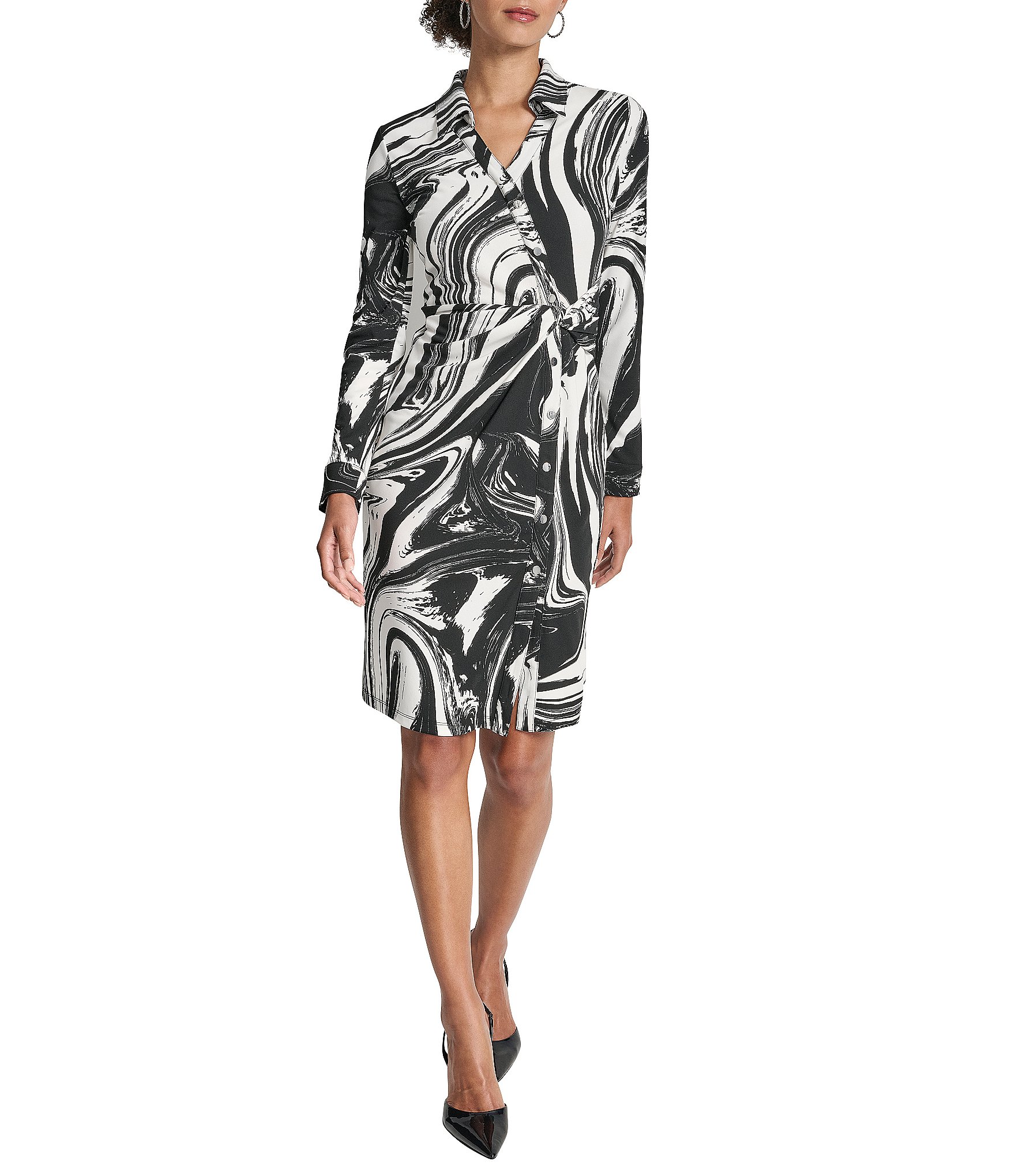 DKNY by Donna Karan Swirl Print Jersey Collared Long Sleeve Asymmetrical Button Front Dress