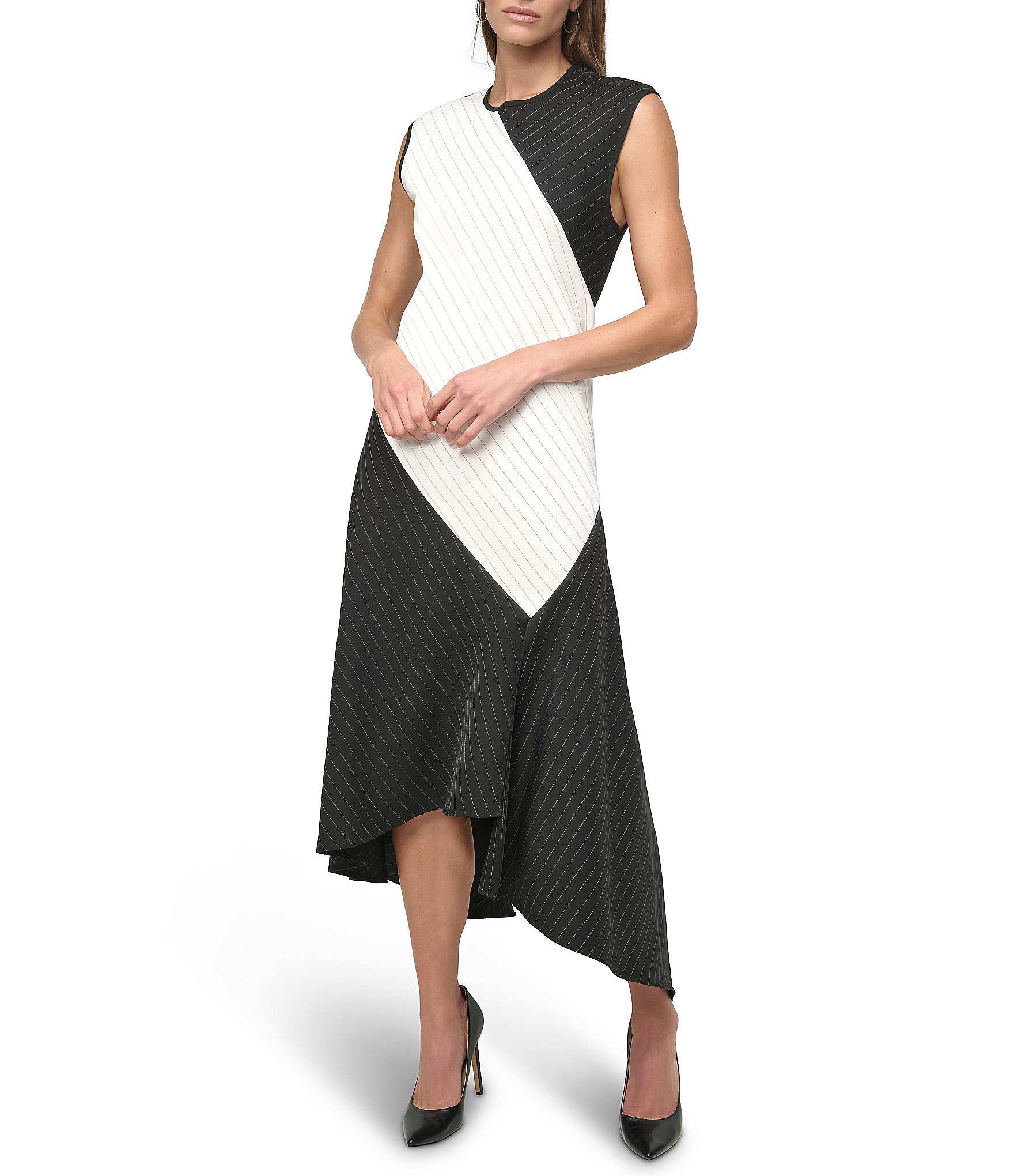 ◆Donna Karan 抽象プリントスクエアネックミディワンピース Square Neck Sequin A Line Dress | A-Line Dress | Donna Karan