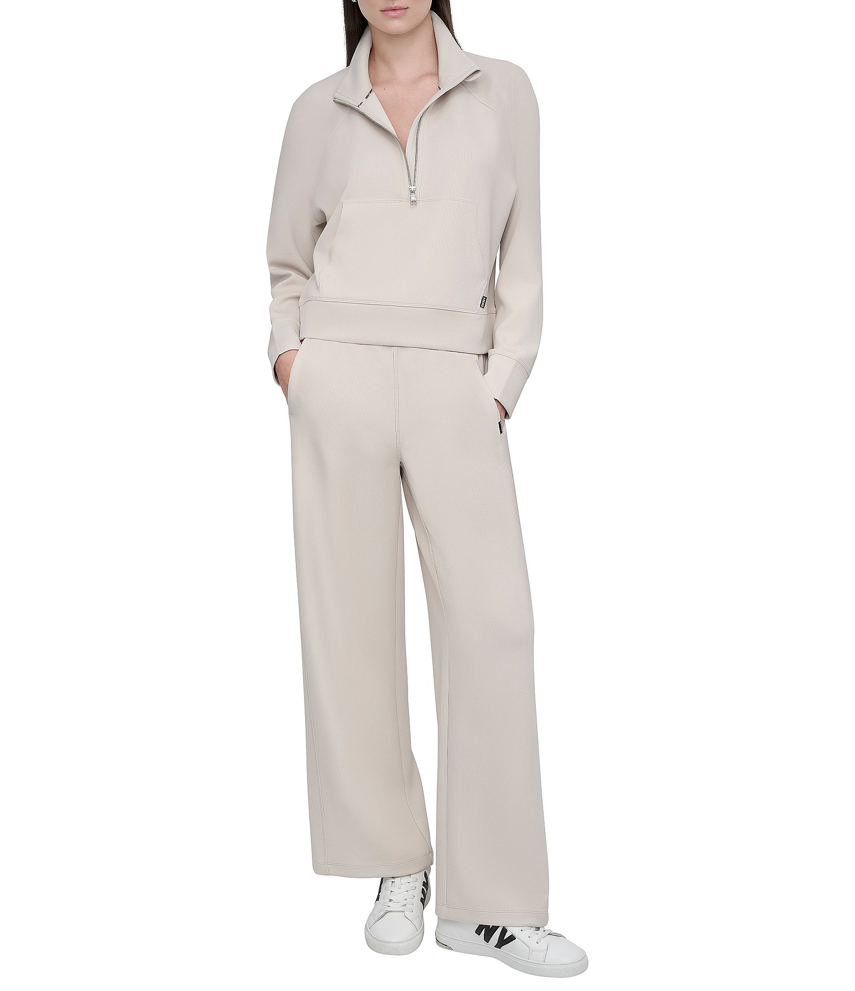 DKNY by Donna Karen Sport Highline Ribbed Mock Neck Half Zip Long Sleeve Kanga Pocket Pullover