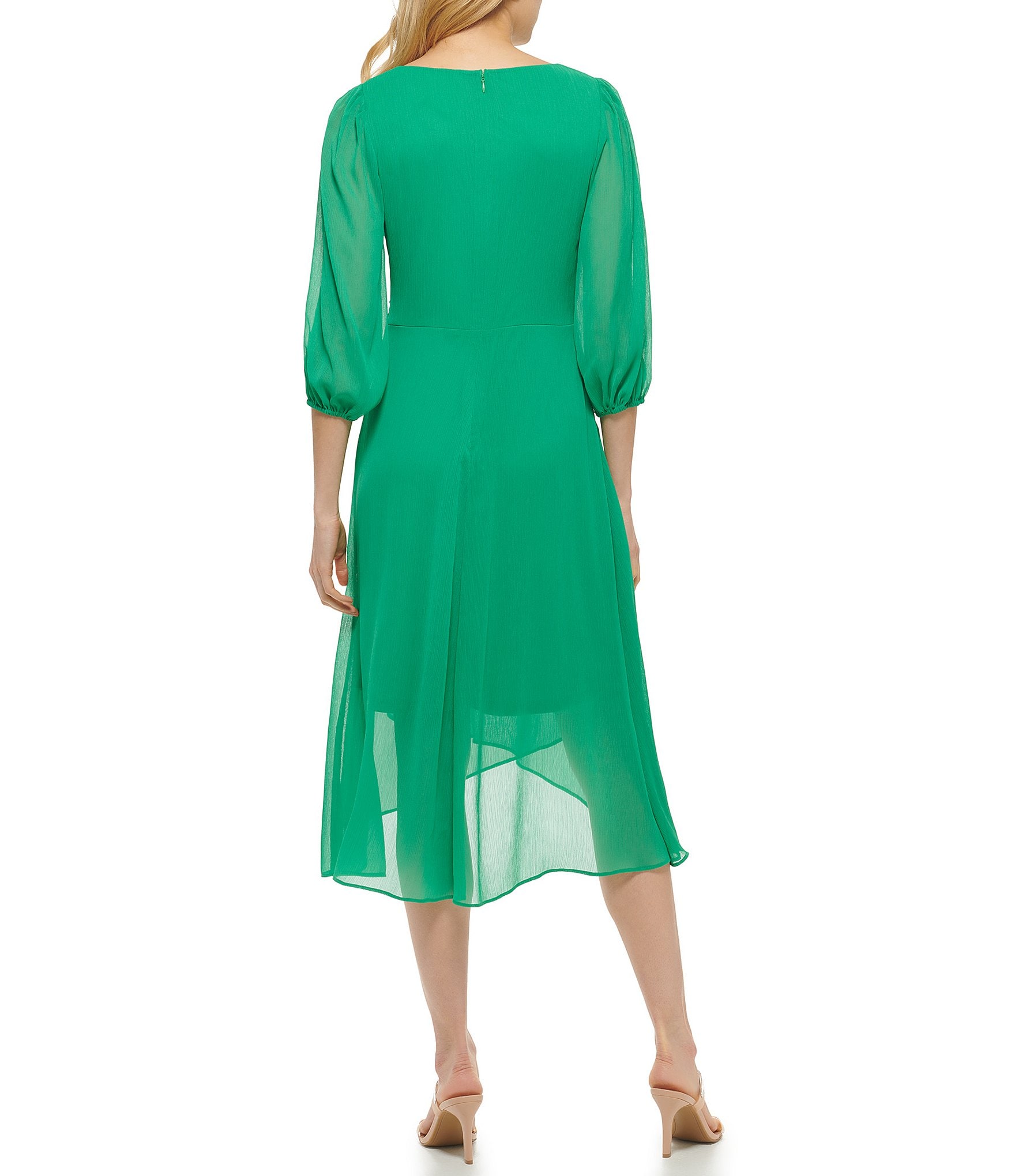 DKNY by Donna Karan Chiffon Surplice V-Neck 3/4 Balloon Sleeve Side Twist High-Low Midi Dress