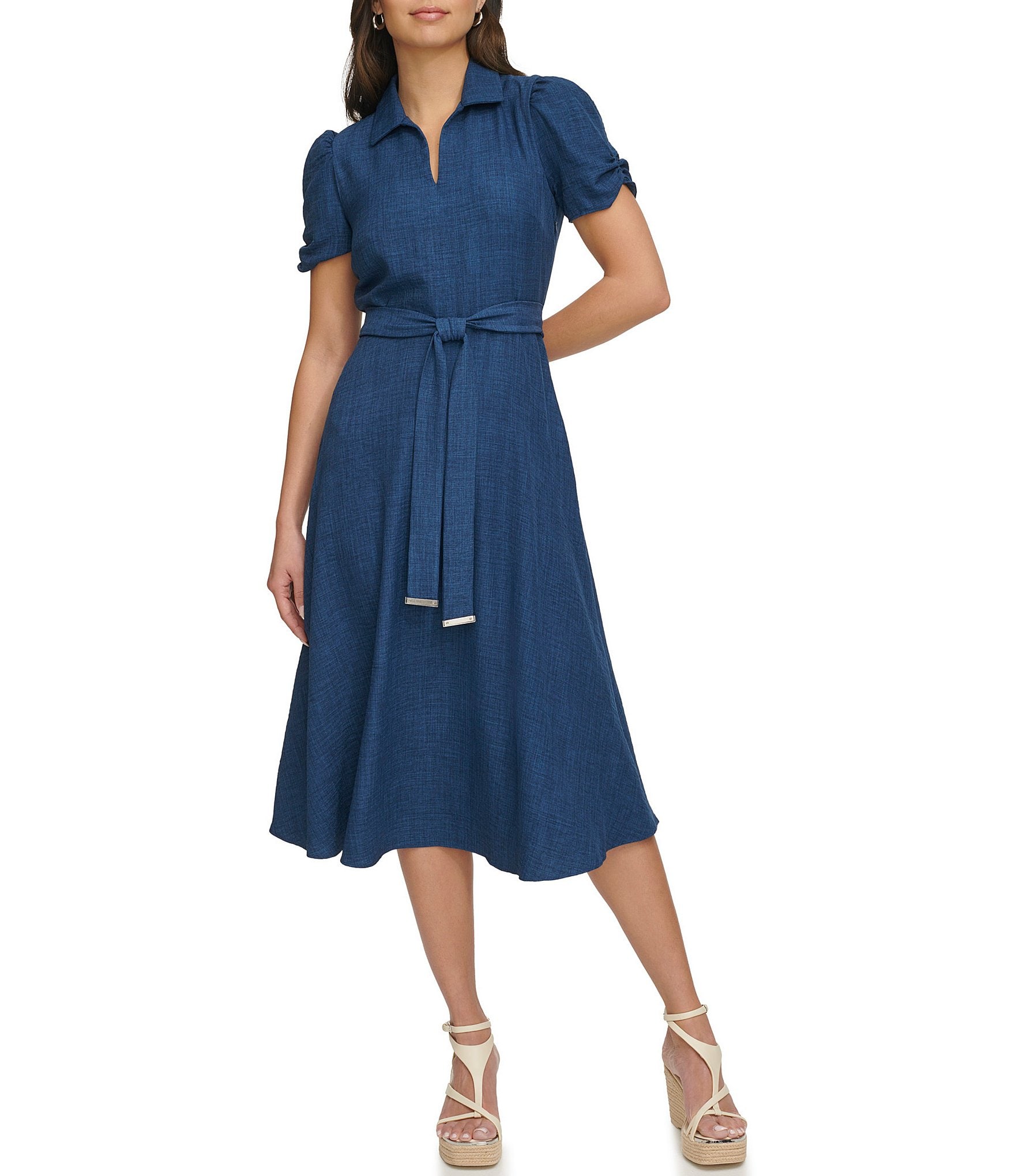 DKNY Collar V-Neck Ruched Sleeve Woven A-Line Midi Dress | Dillard's