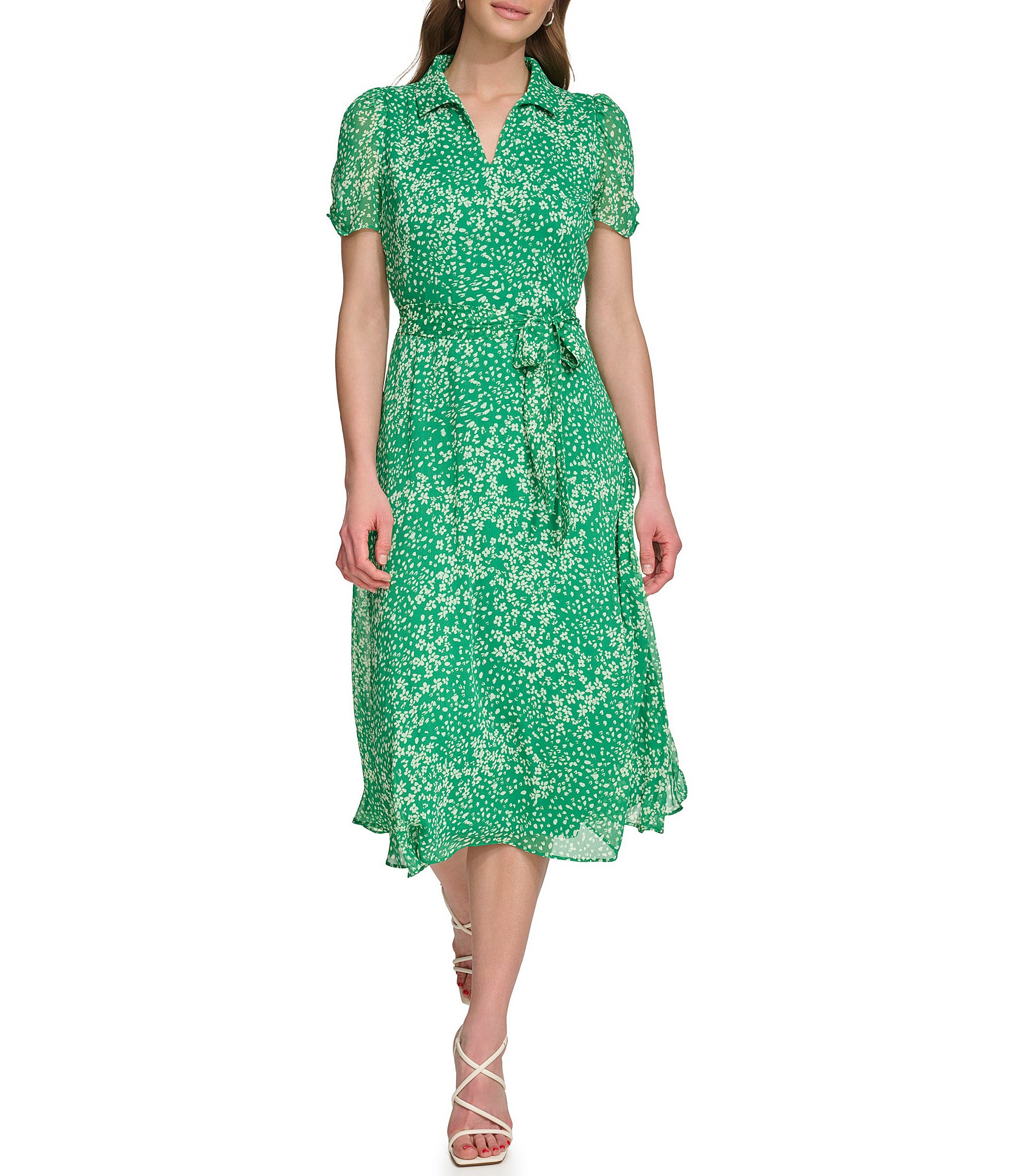 DKNY Collar V Neck Short Sleeve Ditsy Floral Print Chiffon Midi Dress |  Dillard's